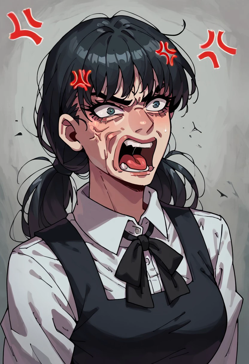 score_9, score_8_up, score_7_up, portrait, 1 girl, solo focus,, PepeREEEEEEEEEEEEE, Enragedpepe, solo, tongue, open mouth, anger vein, angry, mitaka asa, long hair, low twintails, school uniform, black dress, pinafore dress, sleeveless dress, white shirt, black ribbon, neck ribbon, long sleeves