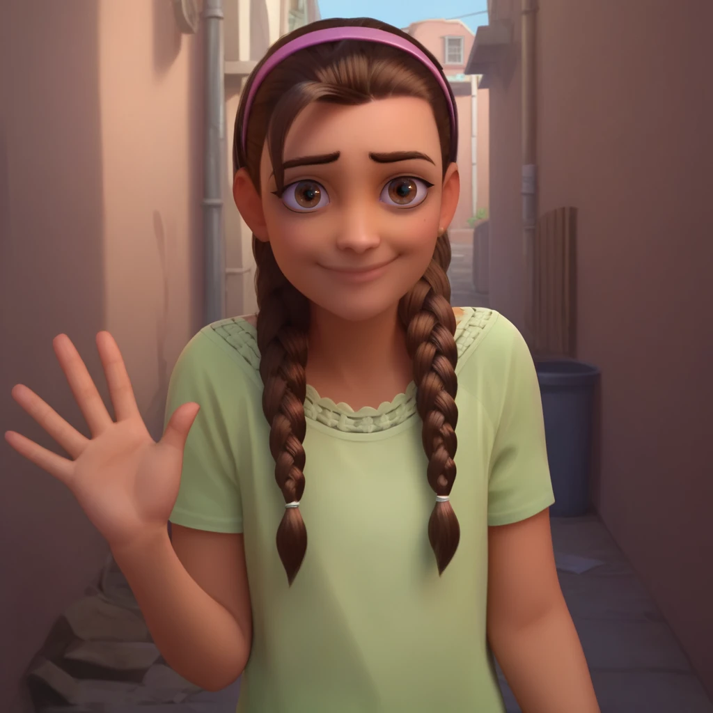 score_9, score_8_up, score_7_up, score_6_up, score_5_up, score_4_up, alley, realistic, <lora:Alejandra_Overwatch:0.9> , alejow, twin braids, brown hair, green shirt, short sleeves, dark-skinned female, brown eyes, looking at viewer, smile, closed mouth, headband, waving, facing viewer