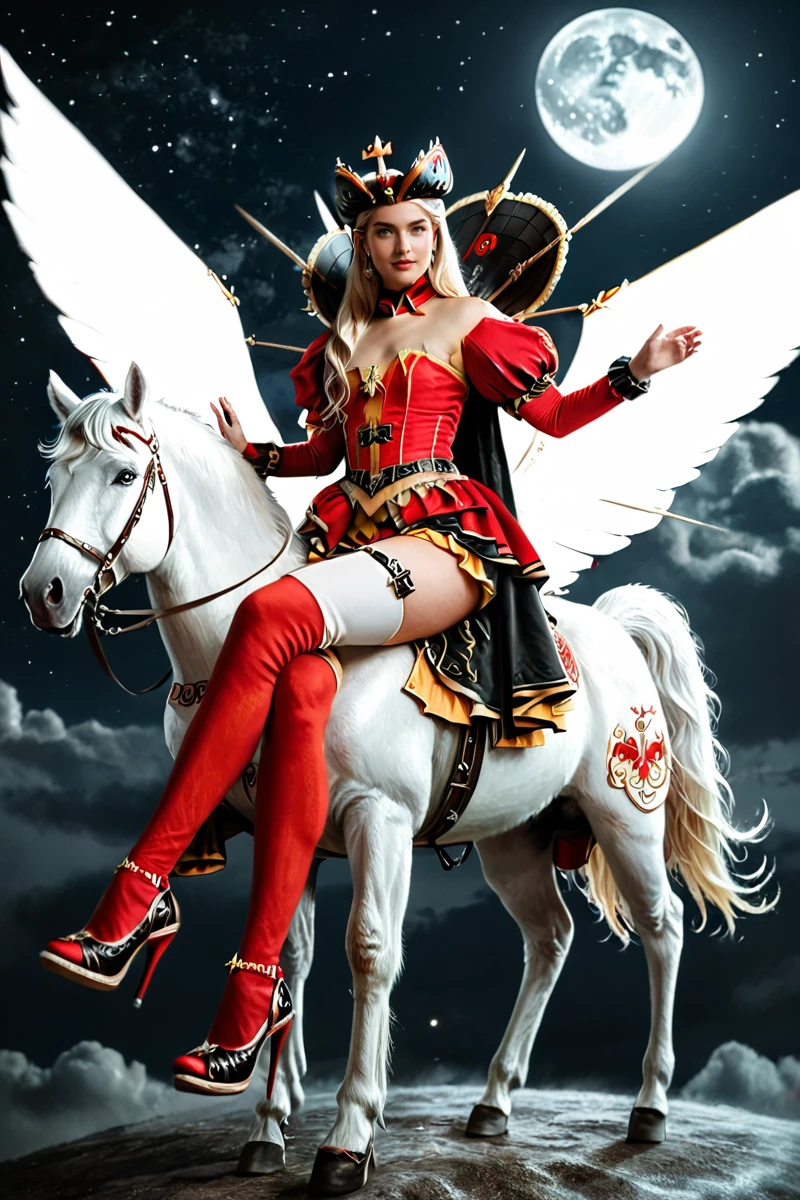 hires digital photo, photorealism,  <lora:Emmanuelle_von_Liebwitz_XL:1> 3m@nn3u3lle, red and yellow strapless dress, red and black detached sleeves, high-collared cloak, on horseback, riding a white Pegasus, flying in the sky, hooves, night, moon, fantasy, intricate details, high resolution,