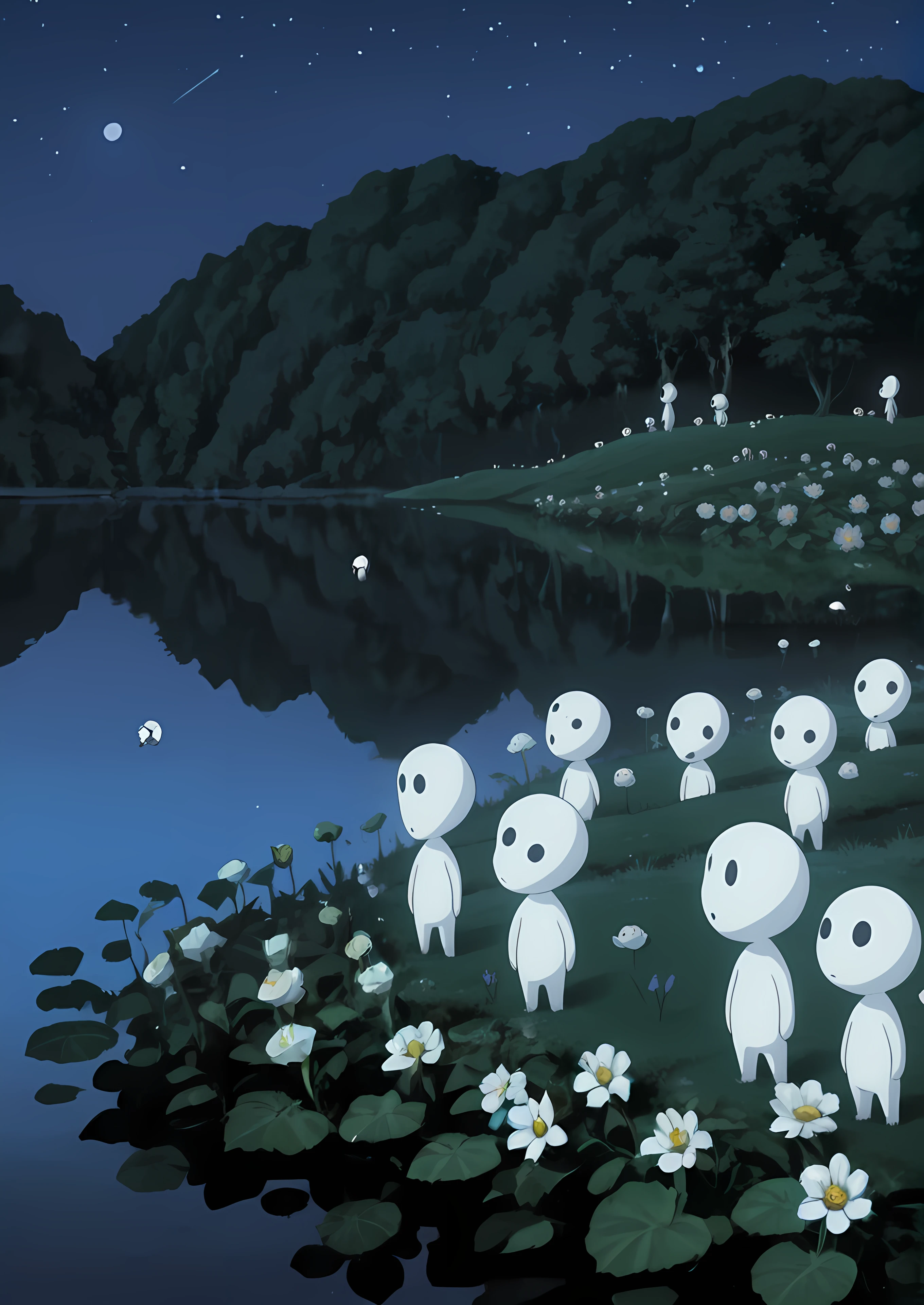 score_8_up, score_7_up, source_manga, rating_safe, <lora:Kodama_Tree_Spirit_-_Princess_Mononoke_1997:0.7> k0D4mA, 4kodama, spirits, ghosts, group, large heads, black eyes, 3 dots, no nose, smiling, small body, white body, transparent body, standing, looking left, along a serene lake with flowers, random, (profiles:0.5), volumetric glow, night time, at night, dark