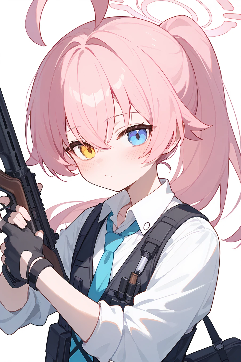 (score_9,score_8_up,score_7_up),<lora:hoshino (blue archive)-v1:1>,hoshino (blue archive),1girl,solo,weapon,heterochromia,gun,pink hair,gloves,necktie,shotgun,white background,blue eyes,blue necktie,shirt,simple background,yellow eyes,holding,looking at viewer,long hair,white shirt,holding weapon,holding gun,black gloves,blush,ahoge,collared shirt,vest,halo,upper body,closed mouth,bangs,fingerless gloves,sleeves rolled up,long sleeves,ponytail,hair between eyes,school uniform,bag,
good feet,anime,NSFW,expressive,amazing quality,ultra hd 32k,