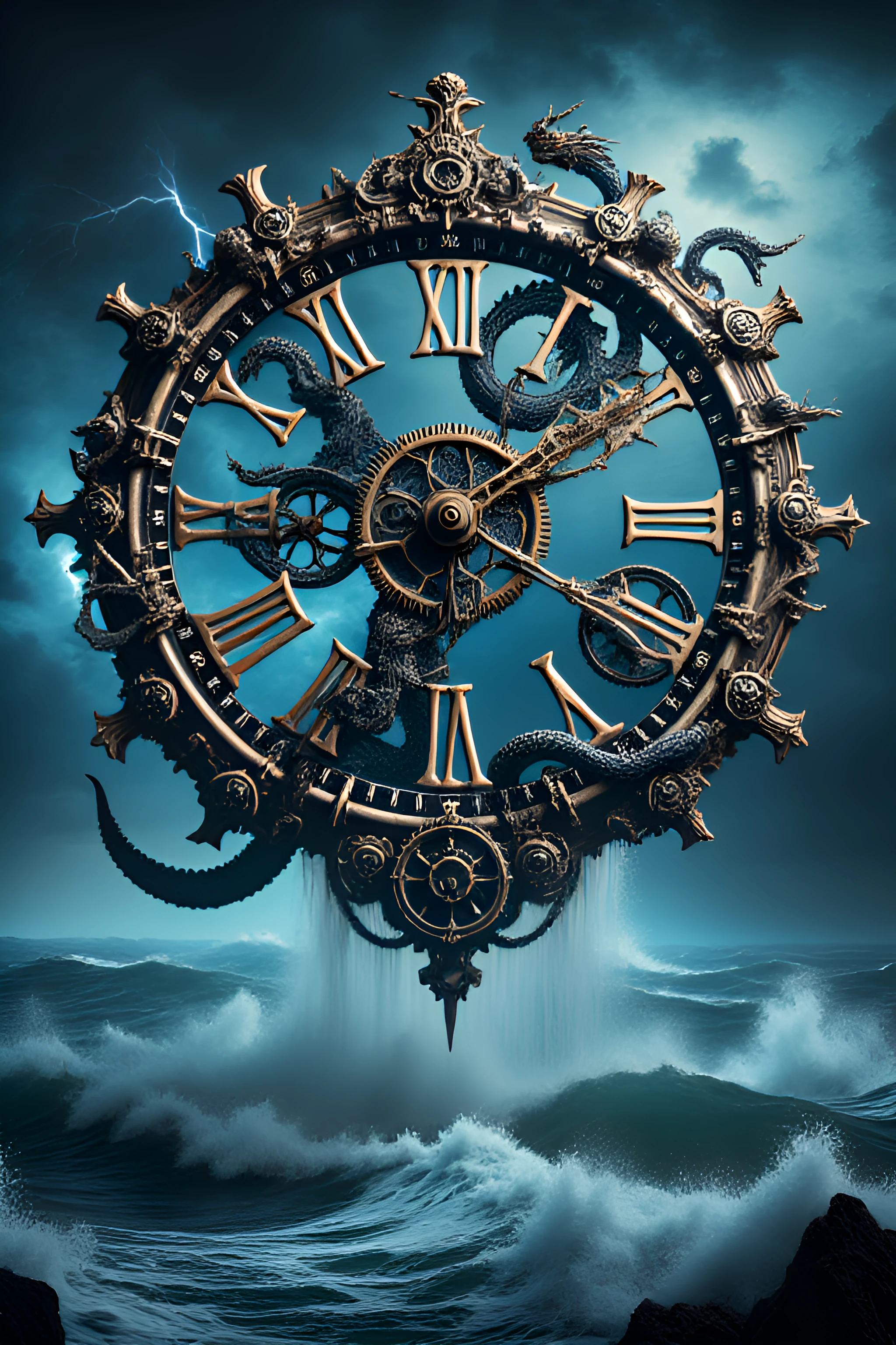 In the heart of a tumultuous stormy ocean, a colossal clock face looms ominously, its surface intricately designed with gears crafted from weathered bones. The clock, suspended above the churning waves, appears to defy gravity, casting a haunting silhouette against the dark, roiling sky. Each bone gear is meticulously detailed, telling a story of time and decay, while the clock's face is adorned with cryptic symbols that hint at forgotten lore.

As the storm rages, the hands of the clock take the form of two fierce serpents, their scales glistening with a spectral sheen. The serpents coil and twist around each other in a fierce battle, their eyes glowing with an otherworldly light as they strike at one another, embodying the relentless passage of time. Their movements create a mesmerizing dance, contrasting sharply with the chaos of the storm.

The ocean below is a tempest of dark waves, crashing against one another with a deafening roar, while flashes of lightning illuminate the scene, casting eerie shadows across the clock face. The air is thick with tension, as if the very fabric of time is being tested amidst the fury of nature.

This composition weaves together themes of time, chaos, and the supernatural, inviting the viewer into a surreal world where the boundaries of reality blur, and the struggle for dominance unfolds against the backdrop of a stormy sea.