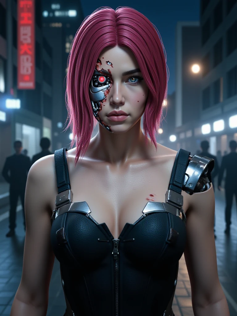 ((TerminatorBattleDamage)), a slender skinny songbird korean woman with short magenta hair, cyberware, cybernetic, cyborg, realistic, mechanical parts, lips, android, mechanical arms, robot joints, and (((with facial battle damage consisting of torn flesh and blood and gore that reveals a terminator robot endoskeleton and glowing red robot eye, facial battle damage and gore and terminator robot beneath the flesh))), ((facial battle damage)), serious angry facial expression, the image background is a dark cyberpunk city street at night with dim lighting and dynamic lighting that evokes a foreboding atmosphere, the style of the image is a gritty science fiction thriller scene with intricate and in-depth detail, <lora:Songbird_-_Song_So_Mi_-_Cyberpunk_2077_-_Flux:1>, <lora:Hyper-FLUX.1-dev-8steps-lora:0.125>, <lora:TerminatorBattleDamage_Flux-000006:1>