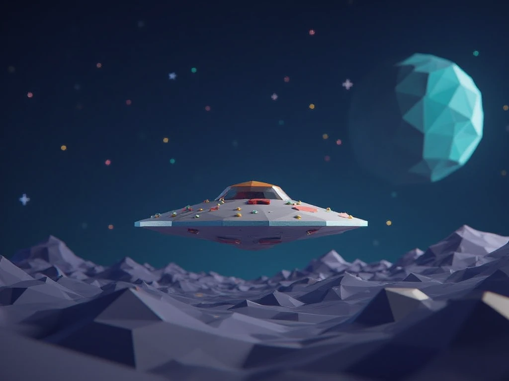 lo-ply_ a low-poly scene in outer space. A flying saucer is in the foreground with many stars and a planet in the background.