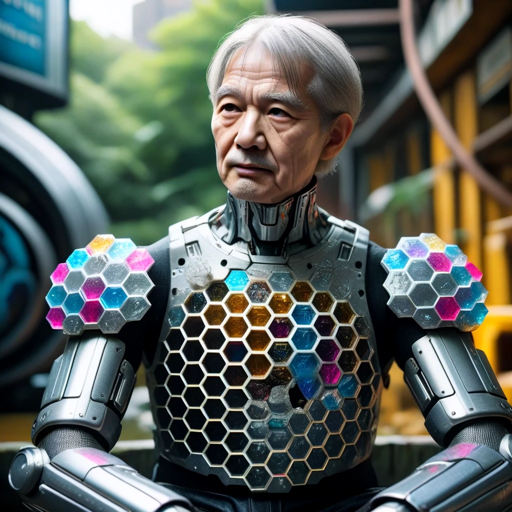 <lora:Scale_armor_SDXL:0.7>old man, wrinkled skin, jewelry, sitting, upper_body, outdoors, armor, blurry, , gauntlets, science_fiction, realistic, nose, android, mechanical_arms, cyborg, barcode, cyberpunk, ice_cube, mechanical_parts, honeycomb_(pattern)