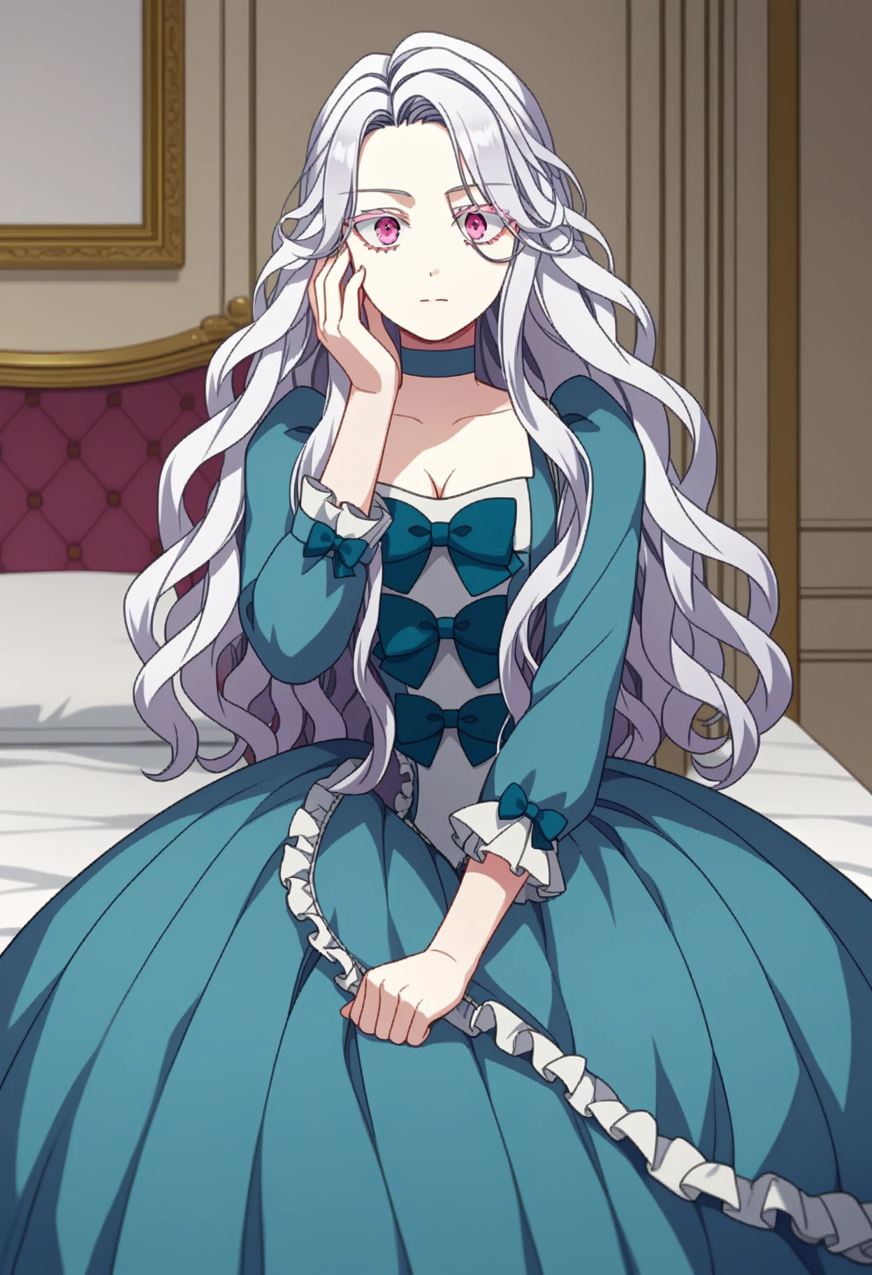 score_9, score_8_up, score_7_up, source_anime, 
BREAK
1girl, solo, <lora:shiAbiMomV1:0.9>,
shiabidef, vnstyle,
white hair, pink eyes, long hair, wavy hair, very long hair, colored eyelashes, 
blue dress, frilled dress, frilled sleeves, long sleeves, medium breasts, 
blue choker, blue bow, cleavage, long dress, 
looking at viewer, expressionless, 
hand on own face, 
indoors, bed, stretching,