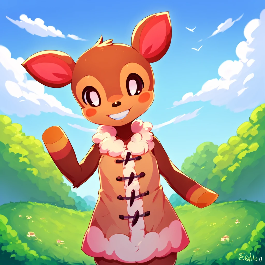 score_9, score_8_up, score_7_up, score_6_up, score_5_up, fauna \(animal crossing\), deer, sleeveless coat, 1girl, anthro, smile, looking at viewer, waving at viewer, happy expression, flat chest, grass, trees, clouds, outdoors, house