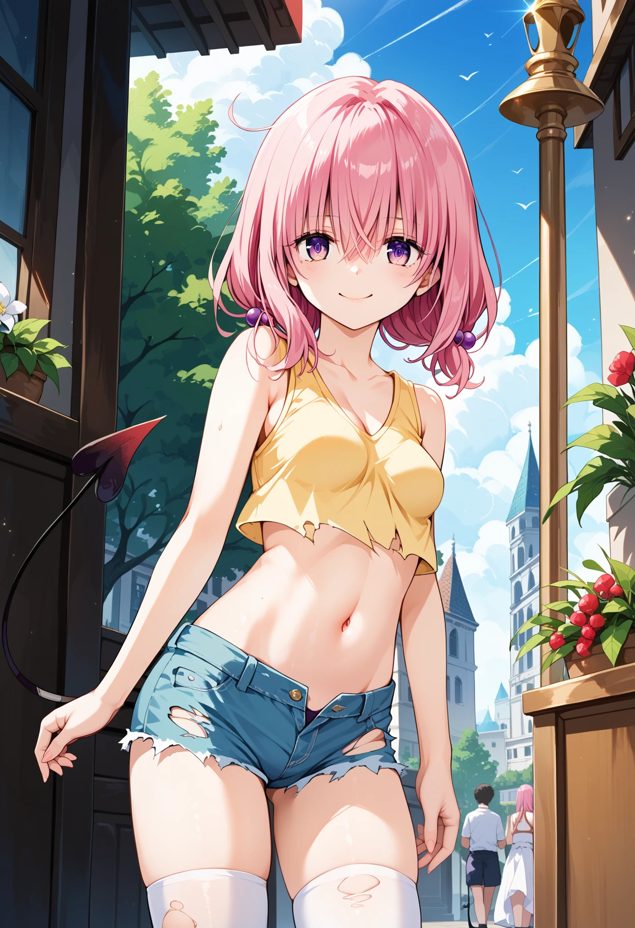 (score_9,score_8_up,score_7_up,source_anime,(masterpiece:1.2),best quality,very aesthetic,public indecency,absurdres),masterpiece,best quality,very aesthetic,absurdres,1girl,solo,
<lora:momo_v_p_1:1>,momo,pink hair,purple eyes,hair bobbles,demon tail,thighhighs,<lora:Fixhands_anime_bdsqlsz_V1:1>,
cutoffs,torn_shorts,crop_top,navel_cutout,, masterpiece,best quality, very aesthetic, absurdres, ultra detailed, high resolution, 4k, extremely detailed CG,