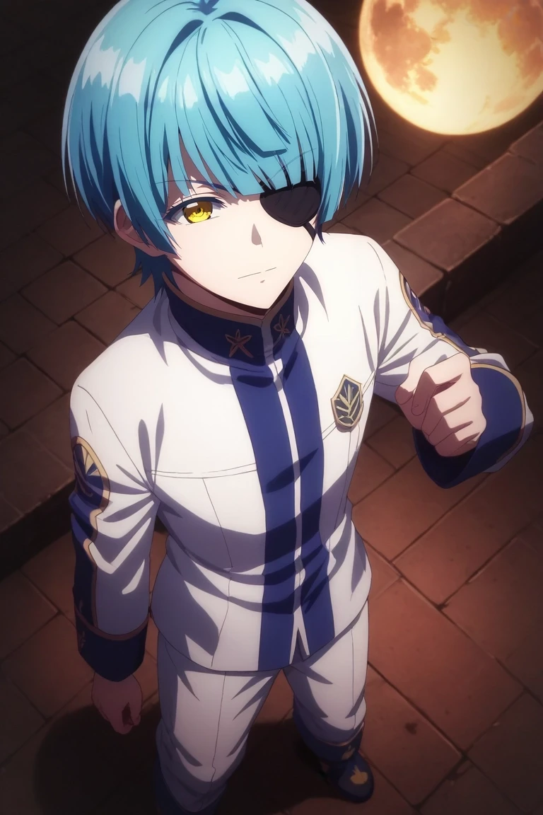 score_9, score_8_up, score_7_up, , rating_safe, , , looking at viewer, , 1boy, solo, male focus, <lora:yuuto_ijika_pony:1>, yuuto_ijika, blue hair, yellow eyes, short hair, eyepatch, bangs, from above, disneyland, night, full moon, pose, :D, toga costume, <lora:sdxl_lightning_8step_lora:1>