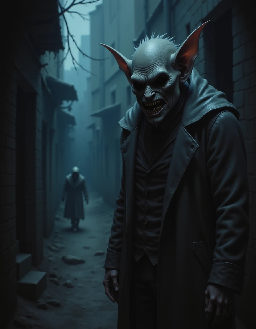 A cinematic photograph featuring a Troll with hollow eyes,  , A shadowy alleyway, where distant footsteps echo and unknown figures lurk