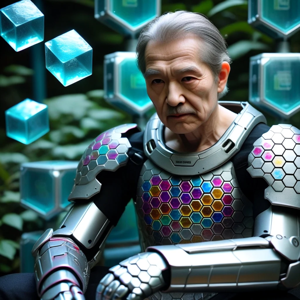 <lora:Scale_armor_SDXL:0.7>old man, wrinkled skin, jewelry, sitting, upper_body, outdoors, armor, blurry, gauntlets, science_fiction, realistic, nose, android, mechanical_arms, cyborg, barcode, cyberpunk, ice_cube, mechanical_parts, honeycomb_(pattern), energy barrier,  Scale armor, boom barrier,