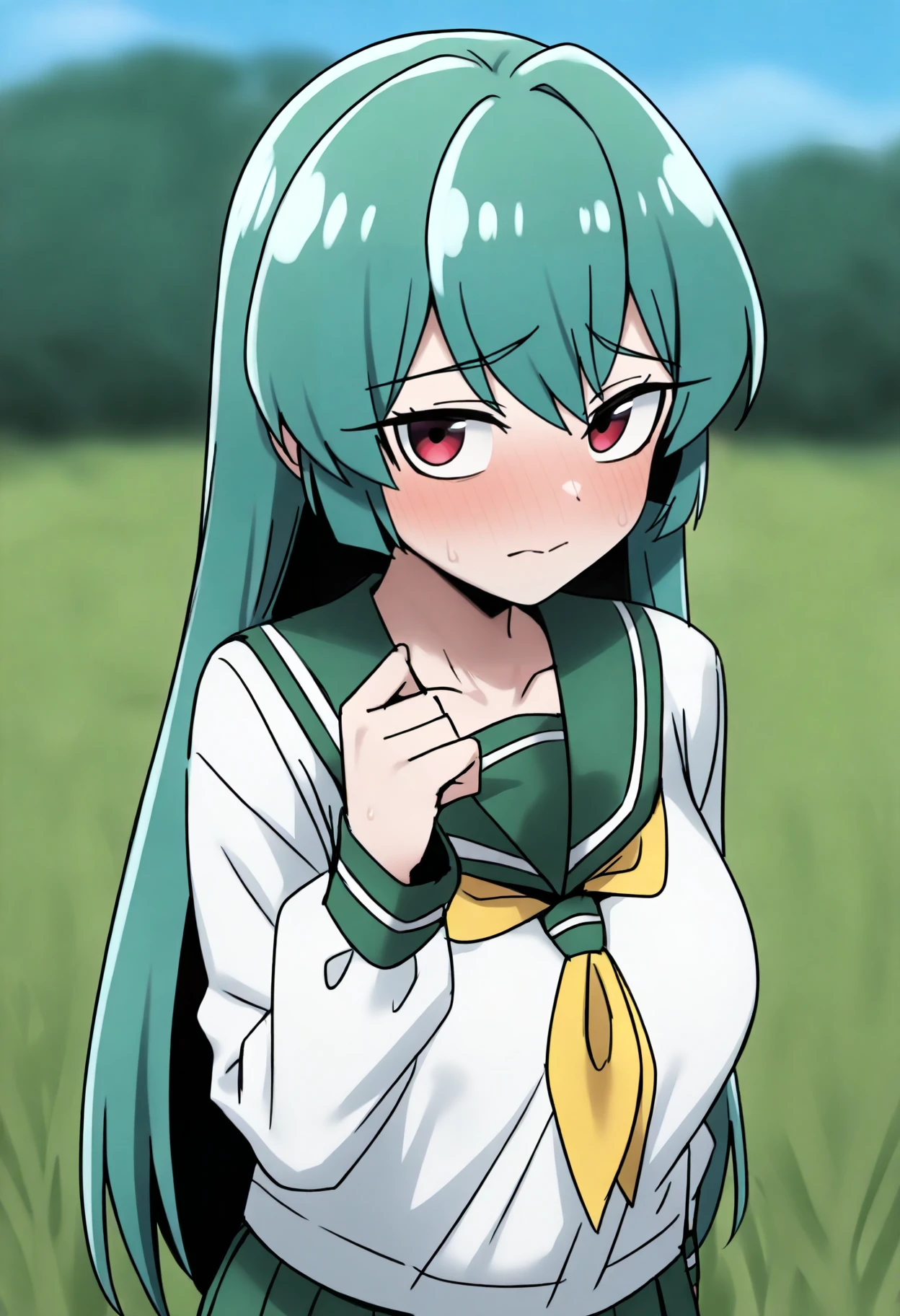 best quality, amazing quality, very aesthetic, absurdres,
1girl, minakamisayo, green hair, long hair, red eyes,
white shirt, green sailor collar, green pleated skirt, long sleeves, yellow neckerchief, school uniform, serafuku,
upper body, blush, embarrassed, solo, looking at viewer, blue sky, grass, meadow background   <lora:MagiaAzureIllustriousXL_byKonan:1>