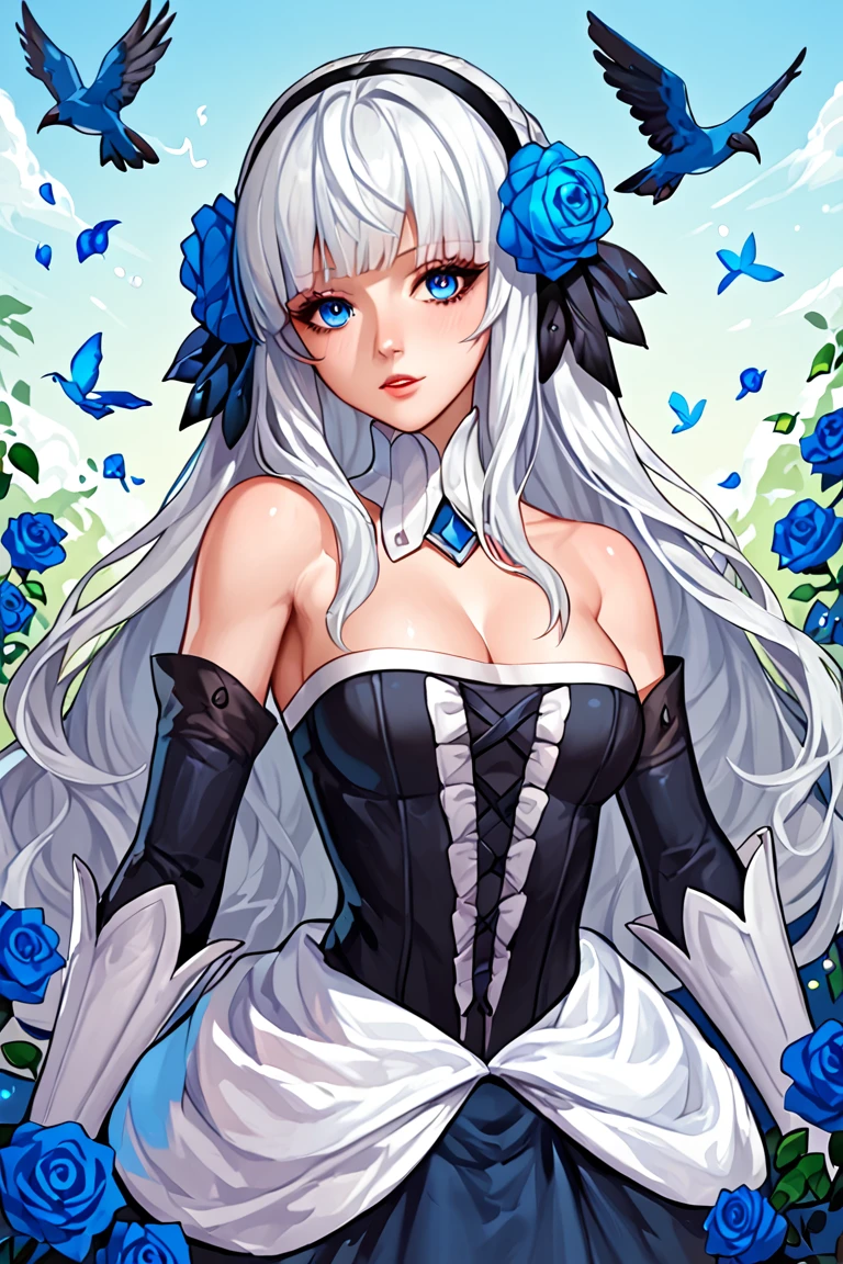 score_9, score_8_up, score_7_up, gwendolyn, 1girl, dress, solo, long hair, strapless dress, flower, bare shoulders, strapless, bird, blue flower, blue rose, detached sleeves, very long hair, white hair, breasts, cleavage, rose, blue eyes, hair ornament