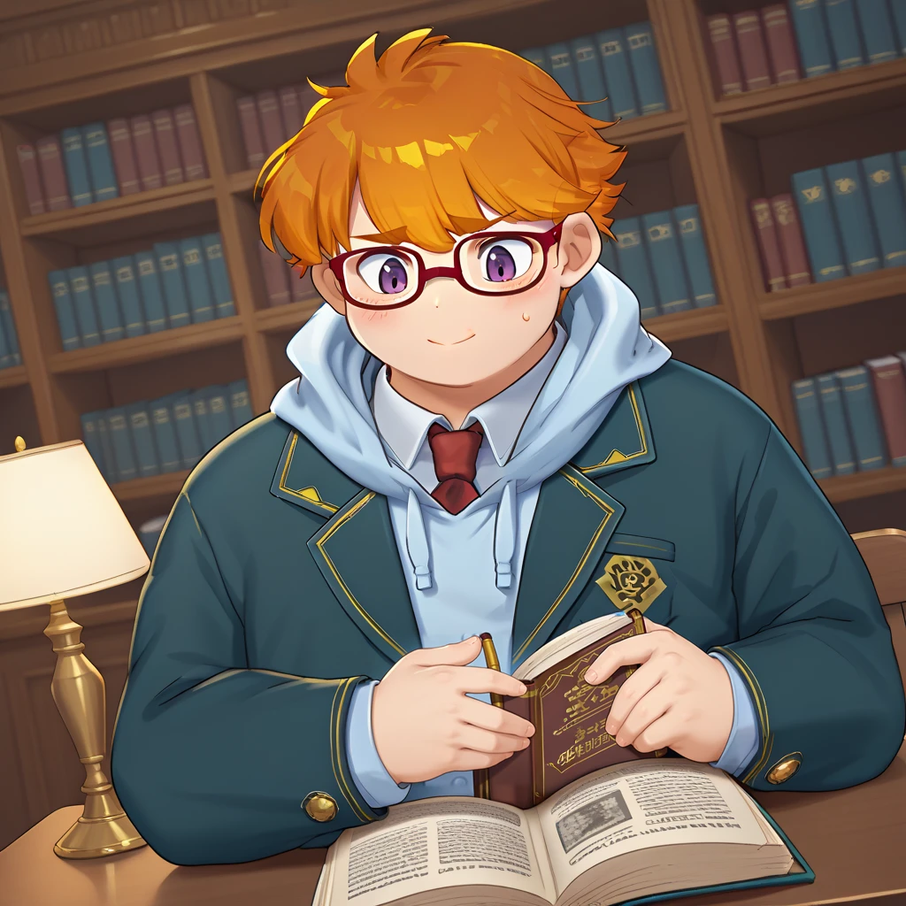 library, desk, source_anime, dutch angle, holding_book, lamp, (darkroom), reading, <lora:yotaro-v1-11:0.9> lahyotarolw, 1boy, solo, (fat:0.5), orange hair, red glasses, white shirt under clothes, red necktie, light blue hoodie, (green blazer), <lora:PerfectEyesXL:0.8> perfecteyes, purple eyes, <lora:Expressive_H:0.6> Expressiveh, zPDXL, score_9, score_8_up, score_7_up,