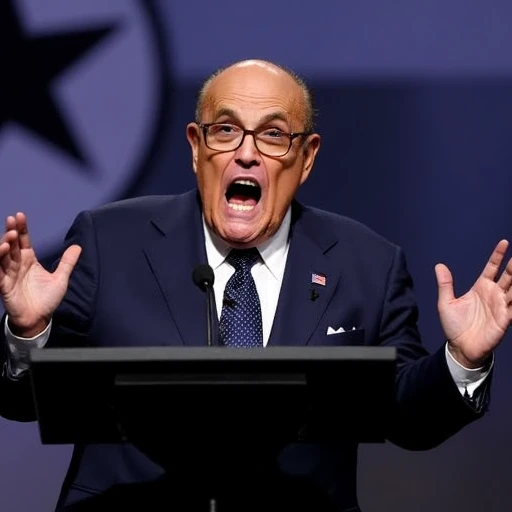 The image is a photograph of an elderly man delivering an impassioned speech or statement. He is standing behind a podium, which is black and has a microphone attached to it. The man is wearing a dark navy blue suit, a white dress shirt, and a polka-dotted tie. He has a small American flag pin on his lapel. He is bald with glasses, and his mouth is open wide, as if shouting or emphasizing a point, conveying a strong emotional expression. His hands are raised and spread wide apart, palms up, in a gesture of exasperation or emphasis. The background is blurred but appears to feature a large, dark star or emblem, possibly a logo, on a gradient background that transitions from dark at the top to light blue or white at the bottom. The lighting is bright, highlighting the subject's face and hands while the background remains out of focus, drawing attention to the speaker., giuliani, crazy faces, crazy expressions, weird faces, weird expressions