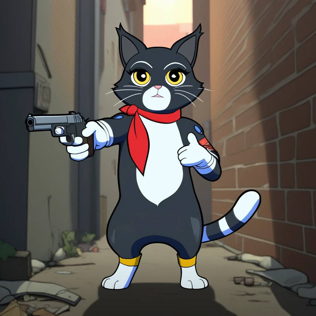 hifirush, 1other, solo, cat, pistol, holding, aiming at viewer, dark alley background