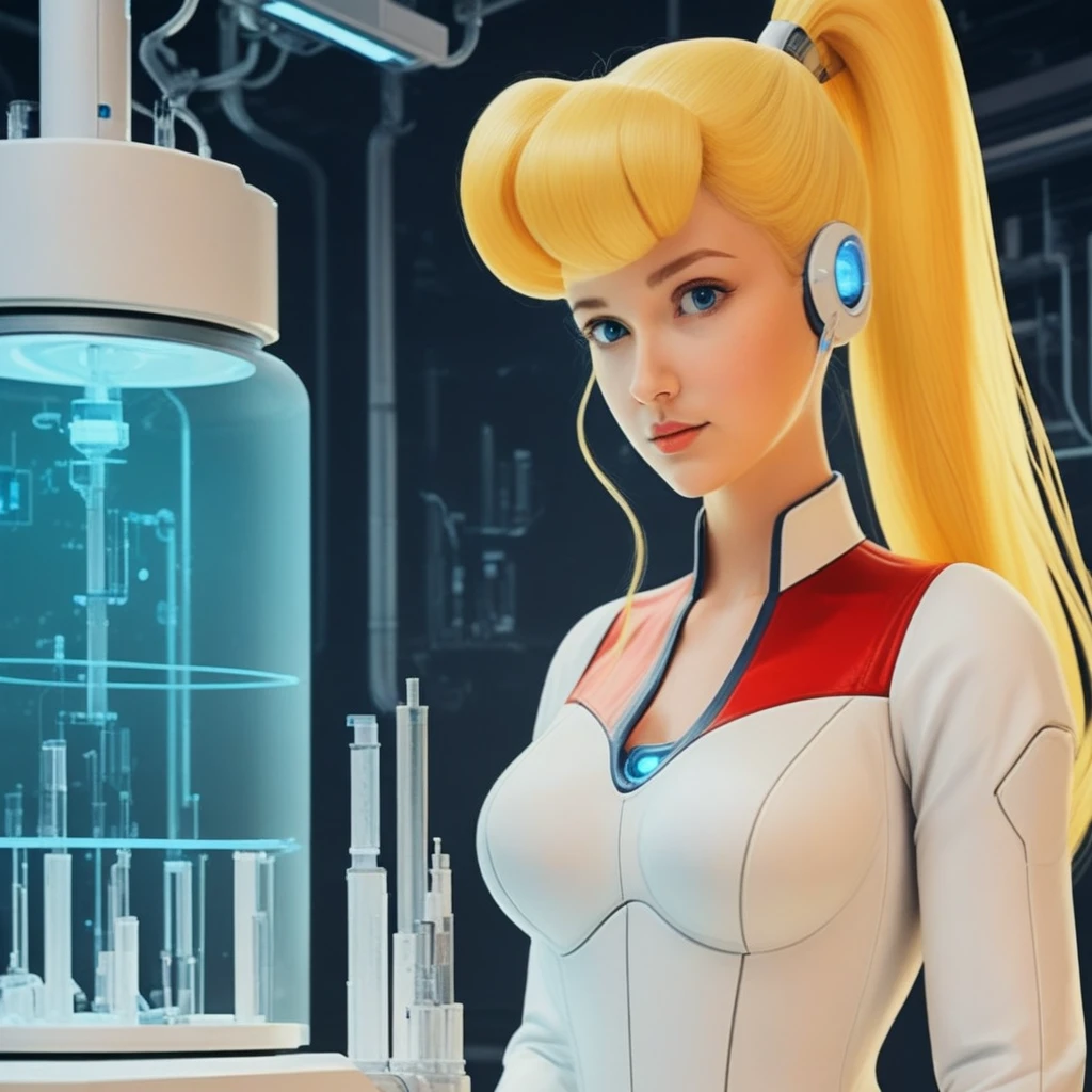 rollmega, upper body, chest, portrait, in the laboratory, smooth, high details, masterpiece, 4k, lustful, blonde, ponytail, android, cute, breasts