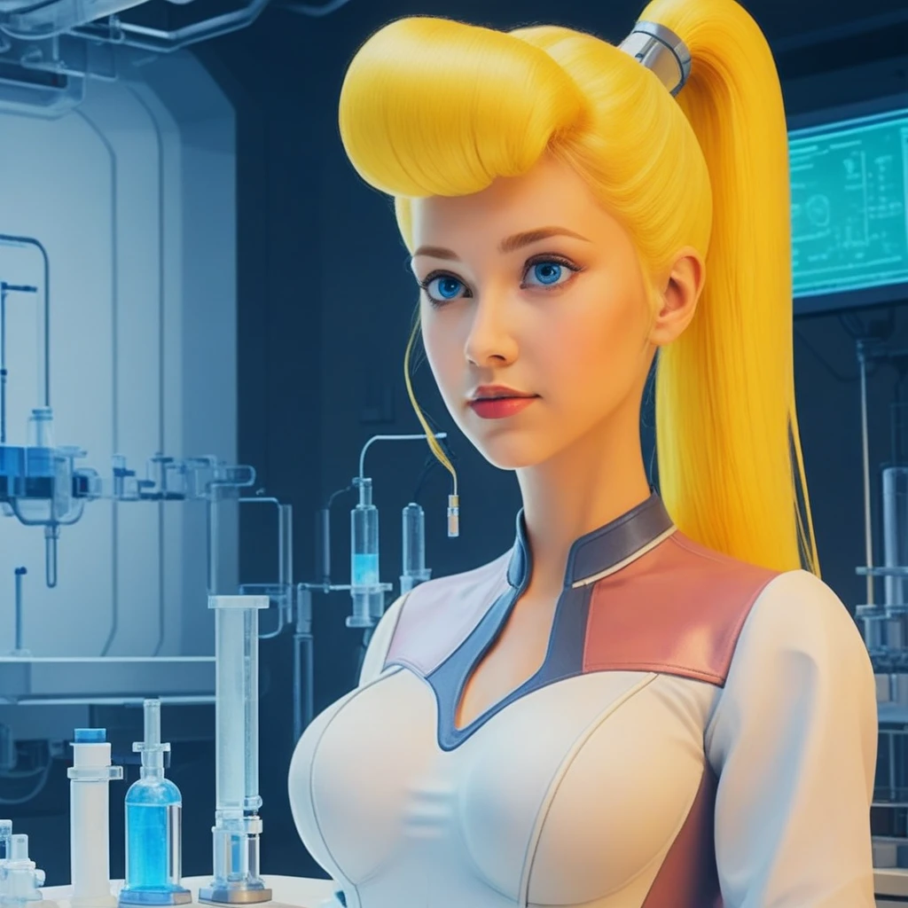 rollmega, upper body, chest, portrait, in the laboratory, smooth, high details, masterpiece, 4k, lustful, blonde, ponytail, android, cute, breasts