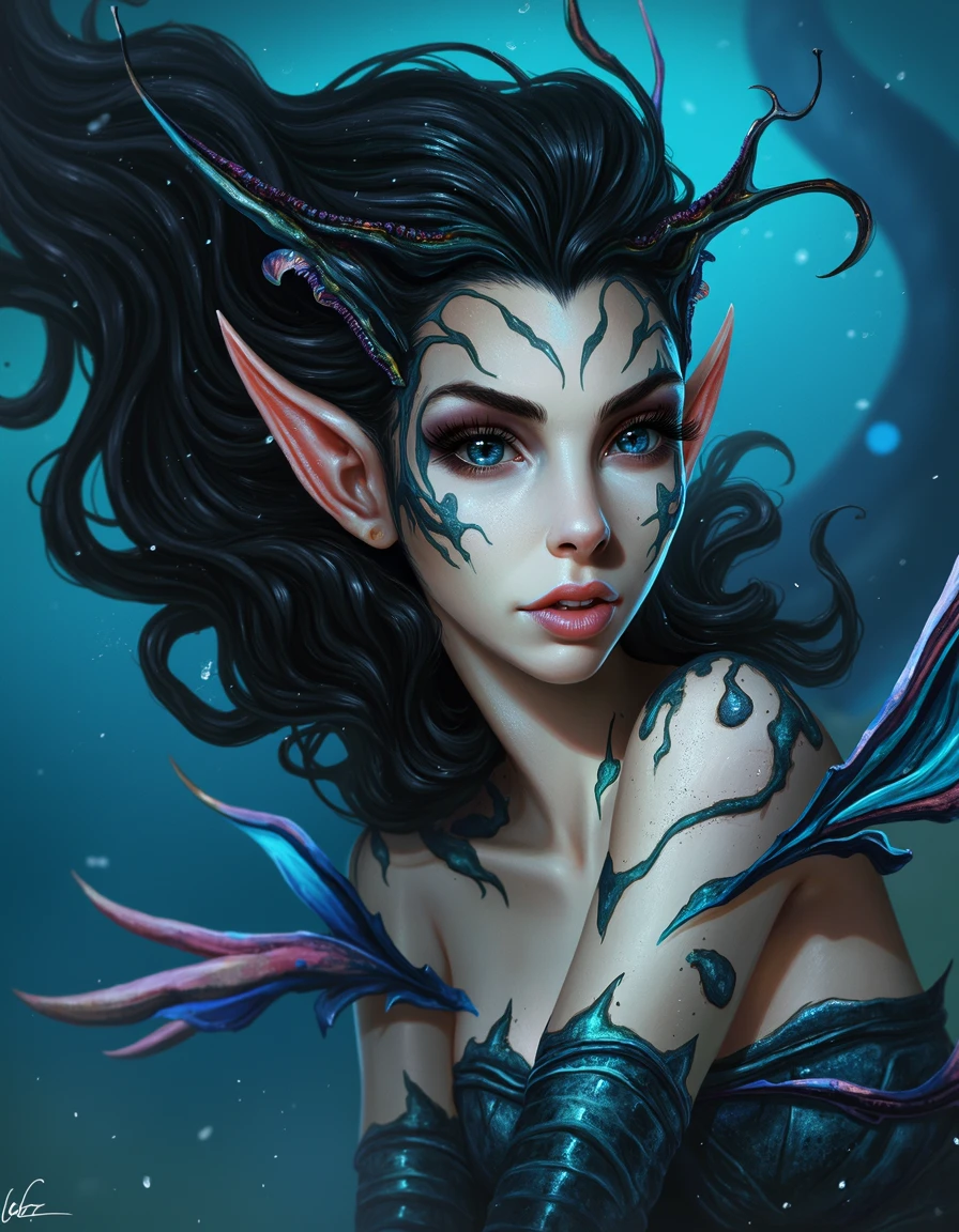 dalu, amphibeous woman with long ears and external gills, pale pearlescent skin with black and electric blue, dark glittery eyes, shoulder fins, blue background with white specks of light, 