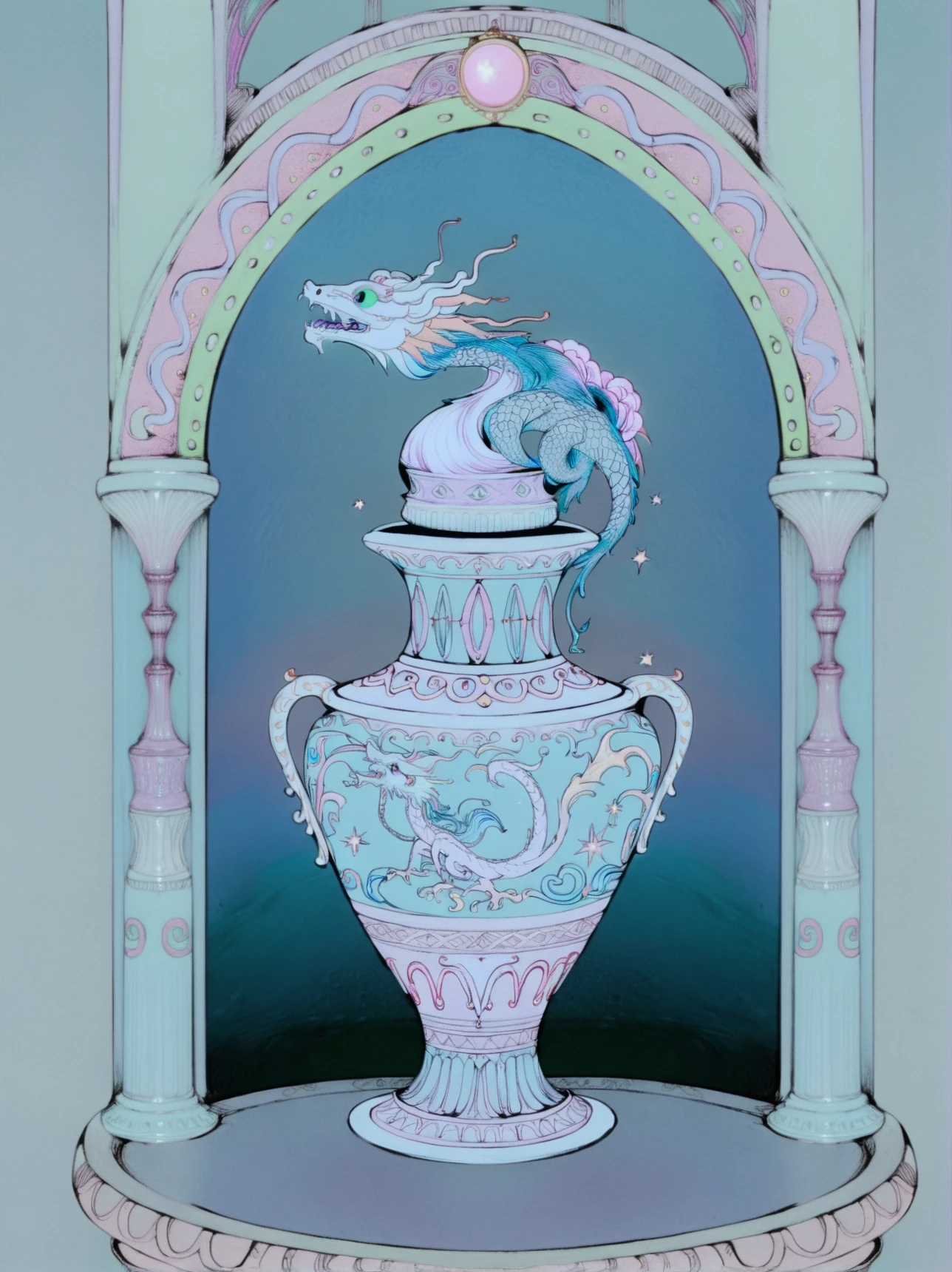 hxsj, an ornate, large, blue and white ceramic vase with intricate, flowing designs. the vase is adorned with a black, serpentine dragon coiled around its body. the dragon's scales are detailed with pink and blue hues, complementing the vase's design. the vase is positioned on a small, round table with a pale pink surface, which is supported by a pedestal adorned with gold detailing. the background features an archway with a circular, ornate design at the top, painted in soft, pastel shades of blue, (purple), and green. the archway's design includes intricate patterns and star-like embellishments, enhancing the ethereal and dreamlike quality of the artwork. to the left of the vase, a small, round, light green sphere is attached to the archway. the overall color palette is dominated by pastel shades of blue, and green.