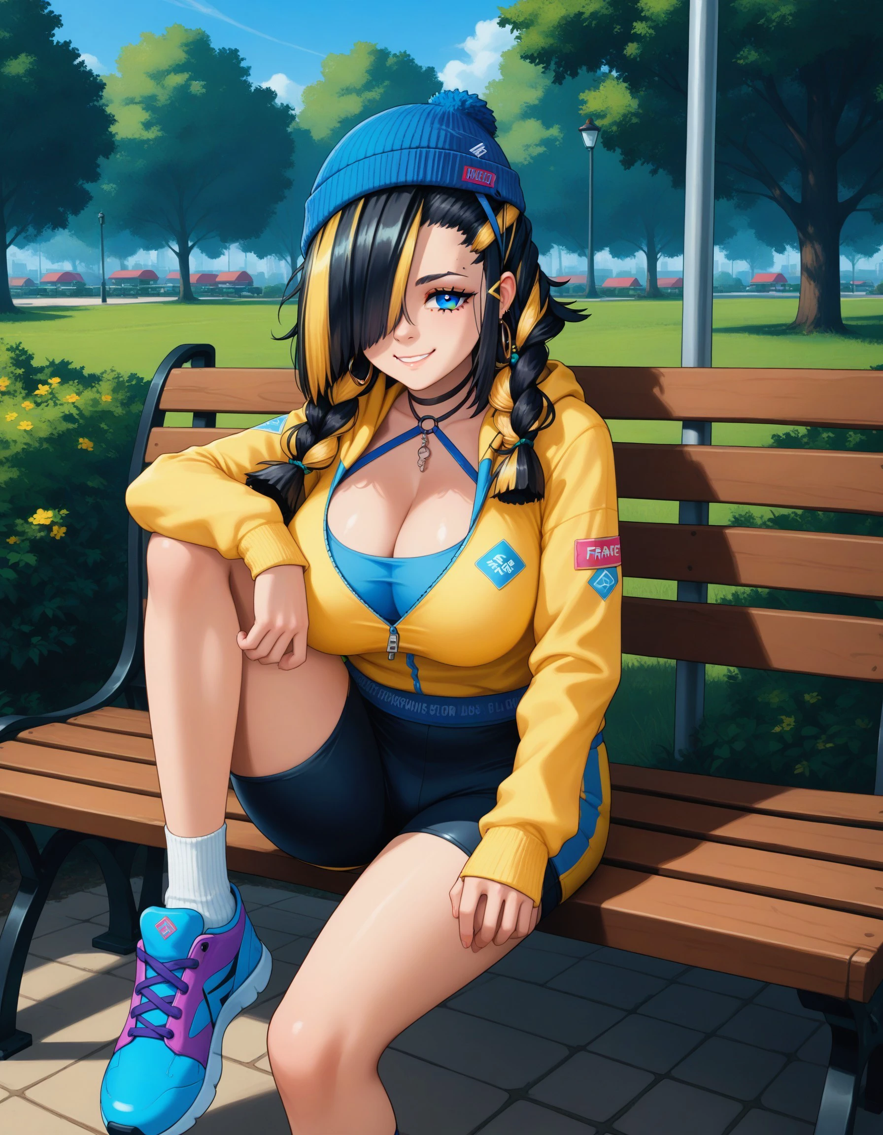 score_9, score_8, score_7, score_6_up, source_anime, outdoors, park, bench,
BREAK 1girl, fragilenk, long hair, twin braids, black hair, multicolored hair, hair ornament, hair over one eye, blue eyes, beanie, long hoodie, large breasts, cleavage, breasts apart, hoop earrings, bike shorts, smug, smirk, arms at sides, sitting, knee up, sneakers, elbow on knee, looking at viewer, from side, head rest,
<lora:fragilenikke-ravenfoot-v1-CAME:1>