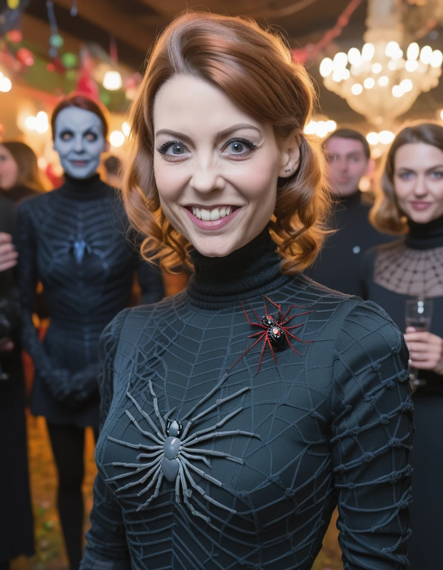 a professional absurdres sharp-focus intricately detailed portrait photograph of Lauriane_Gilliéron with a creepy grin, 
cute hair, intricately stitched turtleneck long dress, looking at the viewer,
at a crowded party,
wearing a black widow spider-themed costume, <lora:Lauriane_Gilliéron-SDXL:1>