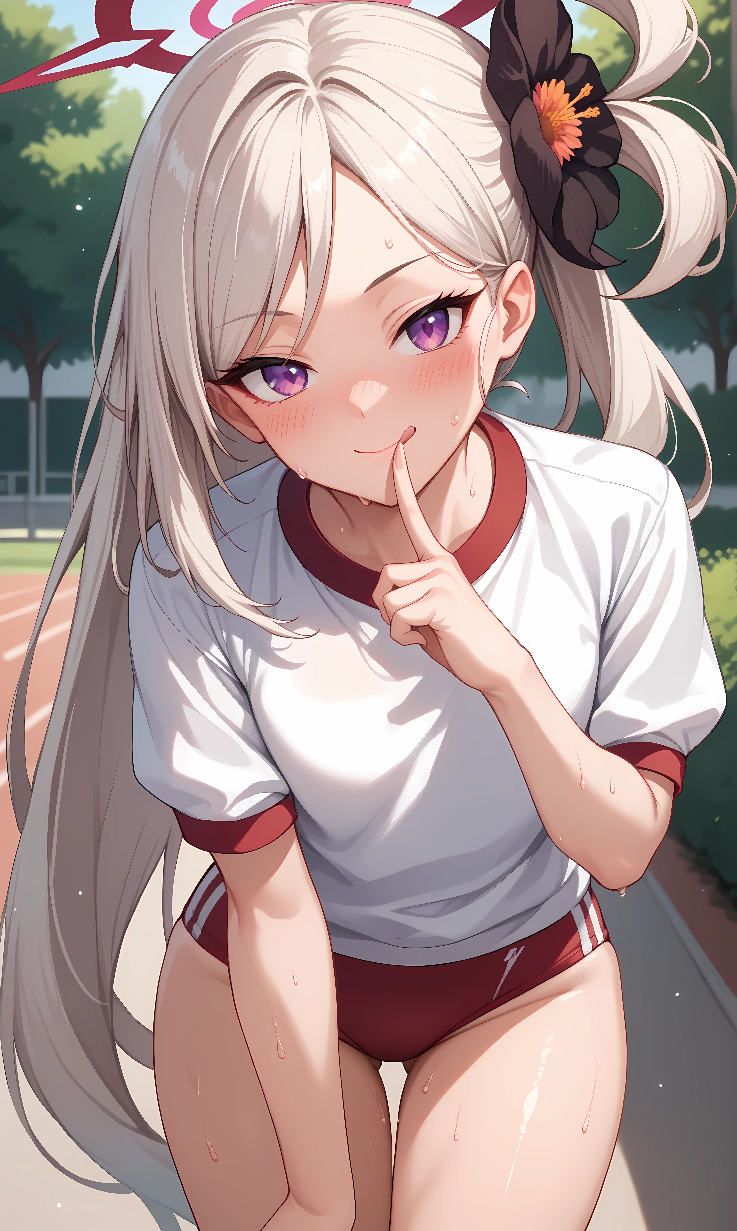  score_9, score_8_up, score_7_up, source_anime, 1girl, solo, outdoors, park, cowboy shot, standing, looking at viewer, shiny skin, mutsuki, purple eyes, white hair, very long hair, side ponytail, hair flower ornament, halo, white shirt, short sleeves, gym uniform, red buruma, sweat, closed mouth, leaning forward, finger to mouth, licking lips, nose blush 