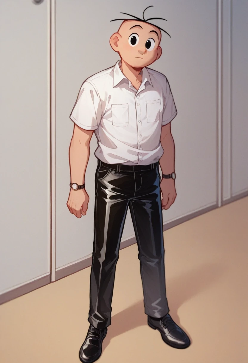 seu_cebola, solo, shirt, 1boy, white shirt, male focus, short sleeves, shoes, collared shirt, pants, black eyes, black pants, black shoes, standing, full body