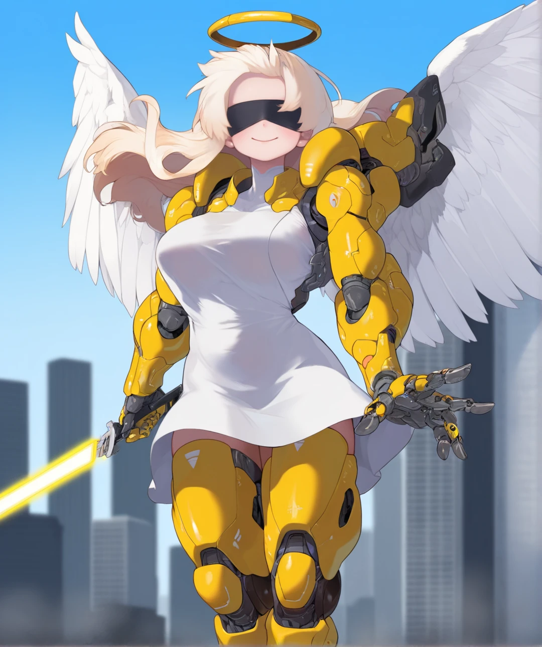 masterpiece, best quality, very aesthetic,gloss,uncensored, source_anime,outdoors, city, cyberpunk,
BREAK
1girl, mechanical arms, mechanical legs, exoskeleton, blonde hair, large breasts, white dress, impossible dress, angel wings, mechanical wings, black blindfold, standing, looking at viewer,smile, yellow armor, mechanical halo,floating hair, holding sword, glowing sword, flying,
<lora:yunimaru_ill-fandango:0.7>
