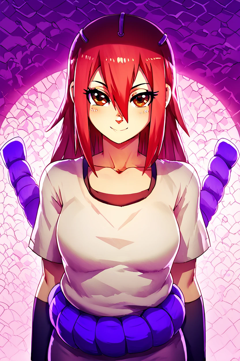 score_9, score_8_up, score_8, medium breasts, (curvy), cute, eyelashes,       BREAK, ,  ,,, <lora:TayuyaNaruto_PDXL_v3:1>, zzTayuya, brown eyes, long hair, red hair, hair between eyes,  purple rope, short sleeves, shirt, collarbone, ,,,  , BREAK, smile, closed mouth, looking at viewer, cowboy shot, ,,, embedding:zPDXL, Expressiveh, ,,, <lora:Konpeto_PDXL_v3:1.0>, <lora:SDXLFaeTastic2400:0.5>, <lora:Expressive_H-000001:0.4>,