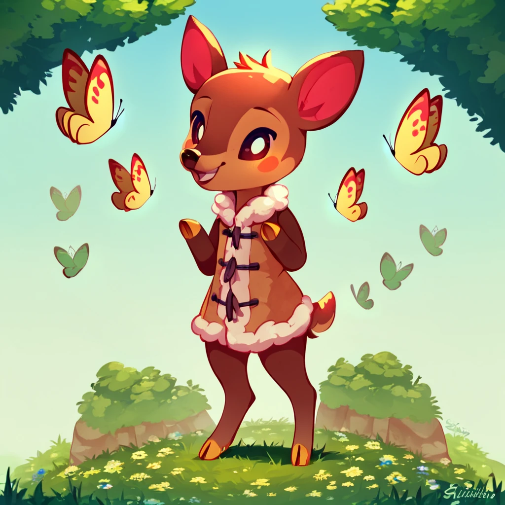 score_9_up, score_8_up, score_7_up, score_6_up, fauna \(animal crossing\), anthro, deer girl, sleeveless brown coat, brown fur, full body, smile, standing, cloven hooves, happy BREAK Outdoors, butterfly, grass, trees, cute, adorable, masterpiece, high detail, best quality, amazing quality, great quality, 4k