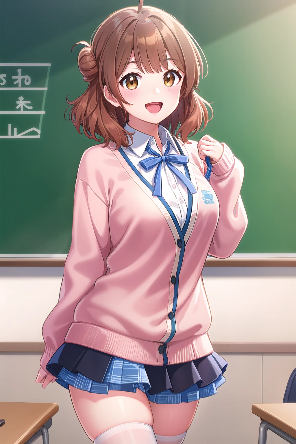 (masterpiece, best quality), highly detailed background, perfect lightingbest quality, hanamiume, solo, indoors, classroom, brown hair, gradient hair, ahoge, single hair bun, half updo, blunt bangs, medium hair, brown eyes, medium breasts, pink cardigan, buttons, neck ribbon, blue ribbon, collared shirt, white shirt, sleeves past wrists, black skirt, pleated skirt, blue skirt, plaid skirt, white thighhighs, school uniform, smile, open mouth, :d, <lora:Hanami-Ume:0.7>