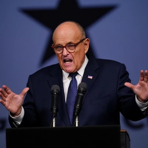 The image is a photograph of an elderly man delivering an impassioned speech or statement. He is standing behind a podium, which is black and has a microphone attached to it. The man is wearing a dark navy blue suit, a white dress shirt, and a polka-dotted tie. He has a small American flag pin on his lapel. He is bald with glasses, and his mouth is open wide, as if shouting or emphasizing a point, conveying a strong emotional expression. His hands are raised and spread wide apart, palms up, in a gesture of exasperation or emphasis. The background is blurred but appears to feature a large, dark star or emblem, possibly a logo, on a gradient background that transitions from dark at the top to light blue or white at the bottom. The lighting is bright, highlighting the subject's face and hands while the background remains out of focus, drawing attention to the speaker., giuliani, crazy faces, crazy expressions, weird faces, weird expressions