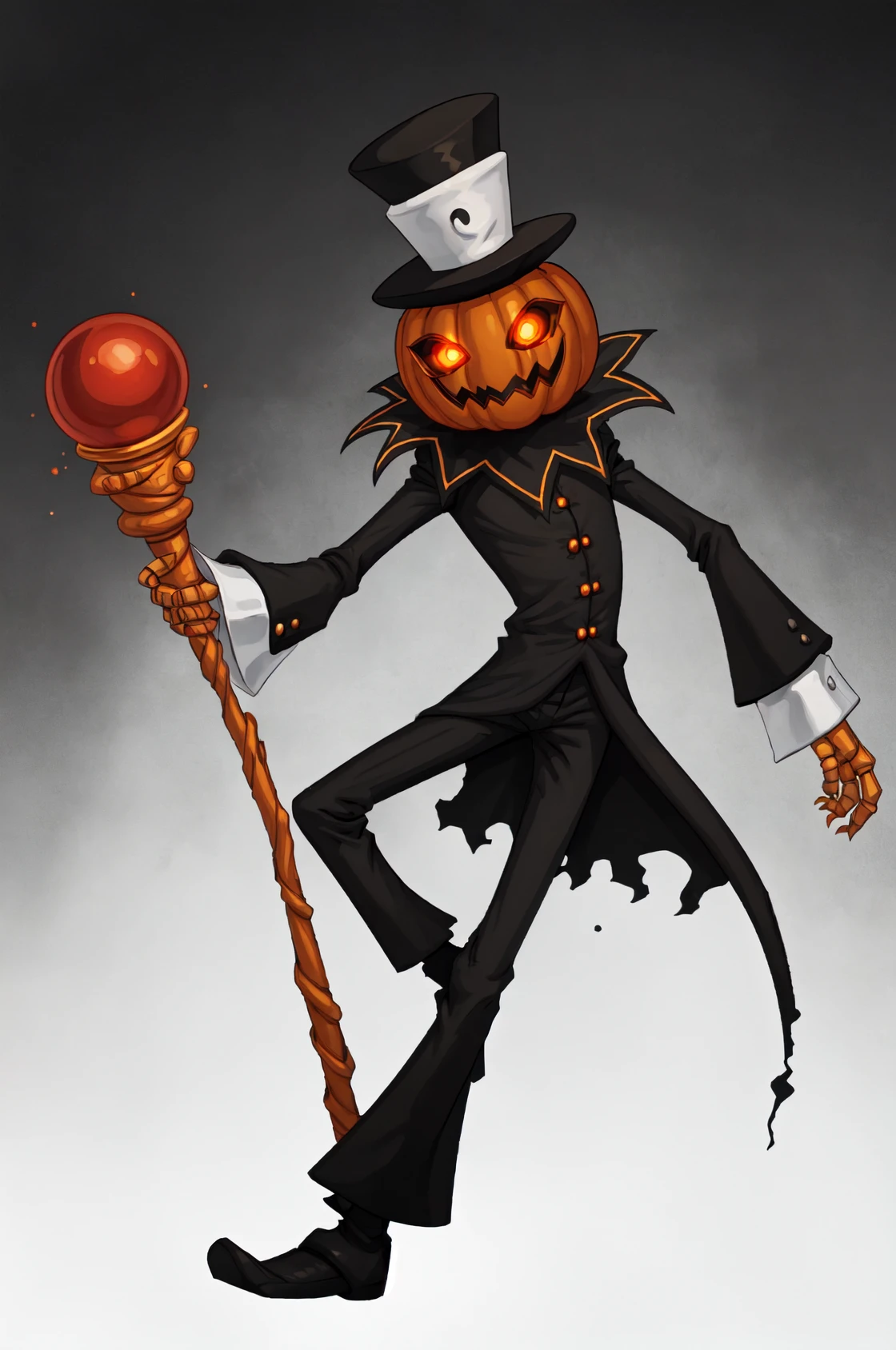 jakkRo, top hat, pumpkin head, black pants, glowing eyes, suit, long sleeves, no human, 
holding staff, solo,
standing, full body,
white background,
 <lora:jakkROV1.0-000007:0.85>