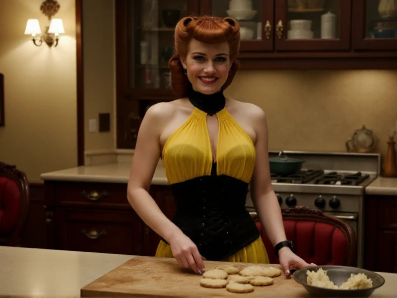 SilkSpectre1 baking cookies. She wears a yellow and black turtleneck corset in a vintage kitchen <lora:SilkSpectre1:0.9>