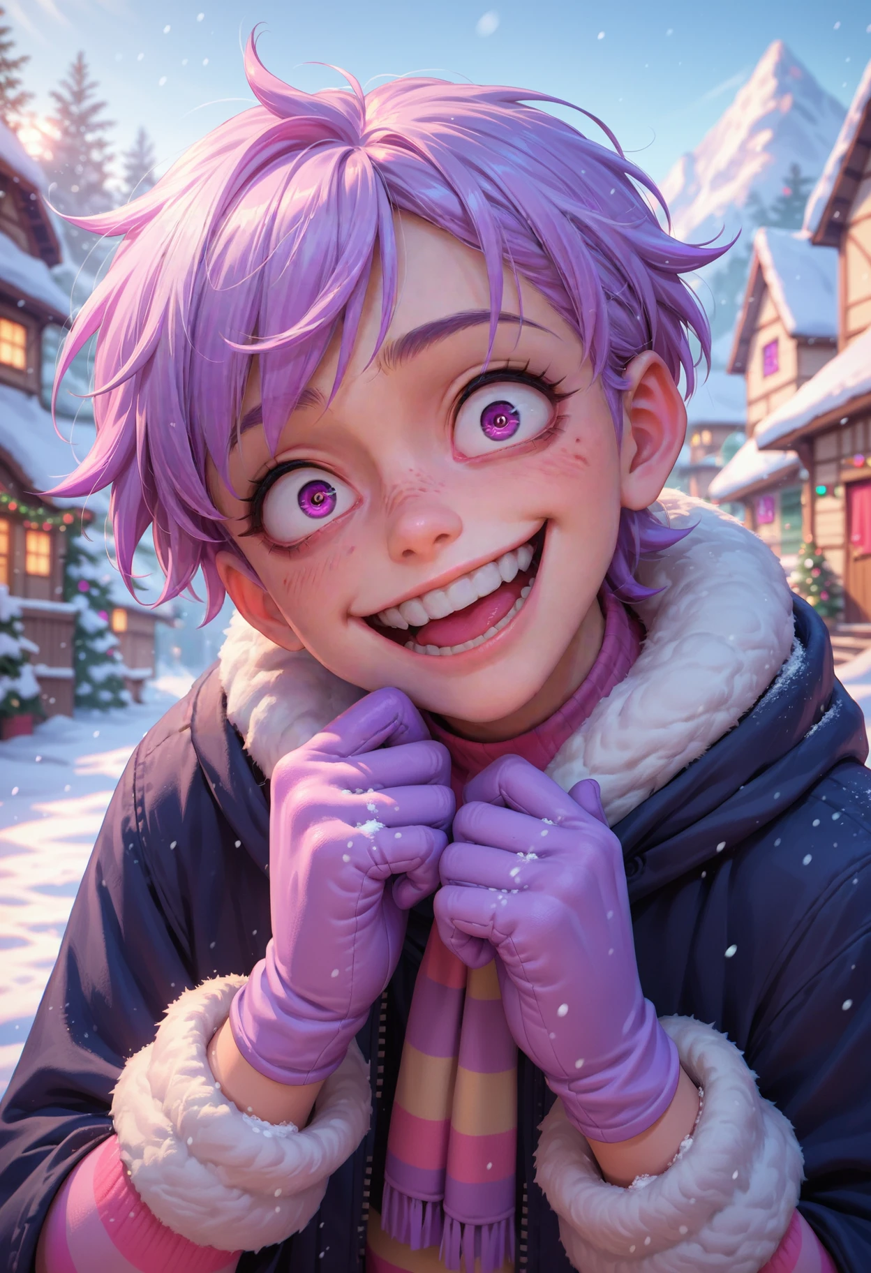 source_anime, score_9,score_8_up,score_7_up,score_6_up,score_5_up,score_4_up,(androgynous), ([1boy|1girl]), gender neutral, light purple hair, pastel colors, dark purple eyes, snow, gloves, headtilt, crazy eyes, wide smile, half closed eyes