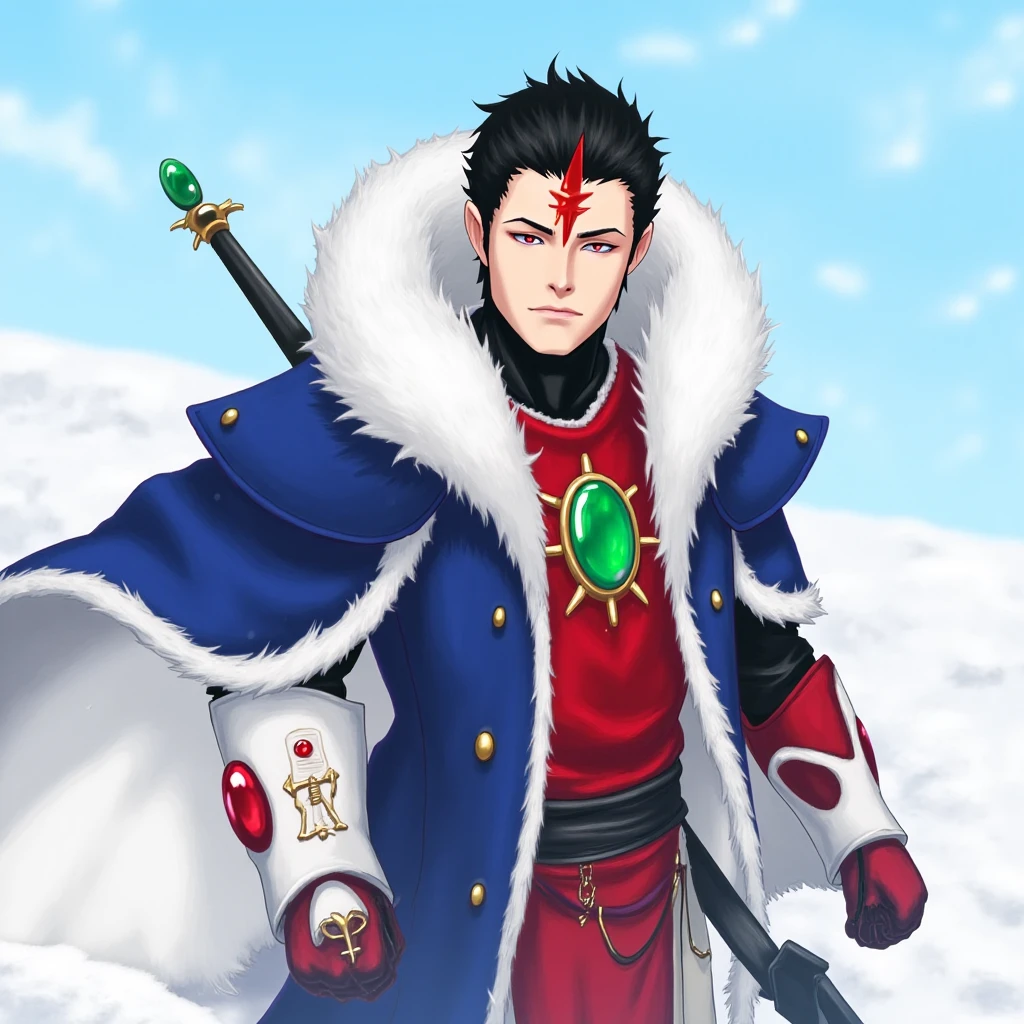 aeldari, asuryani, seer, aeldari's cape, solo, black hair, aeldari male, holding, weapon, male focus, sky, belt, fur trim, polearm, gauntlets, gem, snow, spear, snowing, forehead jewel