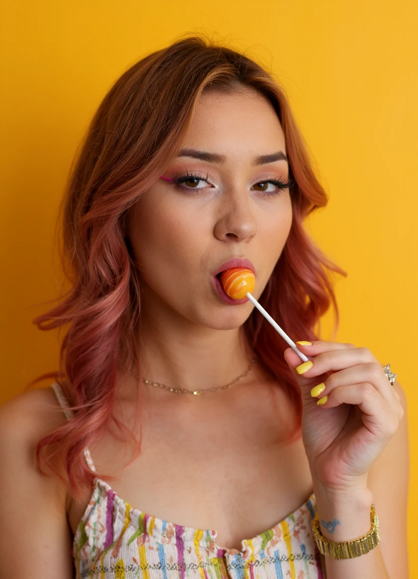 a woman sucking on a ball shaped lollipop while looking into the camera