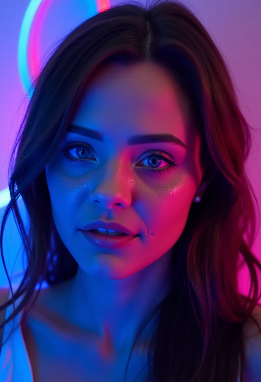 This image is a highly detailed, digital illustration in a hyper-realistic style, focusing on a close-up of a young woman's face. The subject has long, wavy dark hair that cascades over her shoulders, illuminated by a mix of cool blue and vibrant pink lights. Her skin has a smooth, glowing texture, with a subtle sheen that reflects the colors of the lighting. Her eyes are large and almond-shaped, with striking blue irises that seem to catch and reflect the light, giving them a mesmerizing, almost ethereal quality. Her eyebrows are well-groomed and dark, complementing her makeup, which includes shimmering eyeshadow in shades of blue and purple, and a glossy pink lipstick that adds a touch of sensuality to her expression. The background is a gradient of cool blue and neon pink, creating a futuristic, almost sci-fi atmosphere. The overall effect is one of otherworldly beauty, enhanced by the use of light and shadow to create depth and texture. The image captures a moment of intense emotion, possibly contemplation or intrigue, with the subject's lips slightly parted and her gaze directed off-camera. P1P3R
