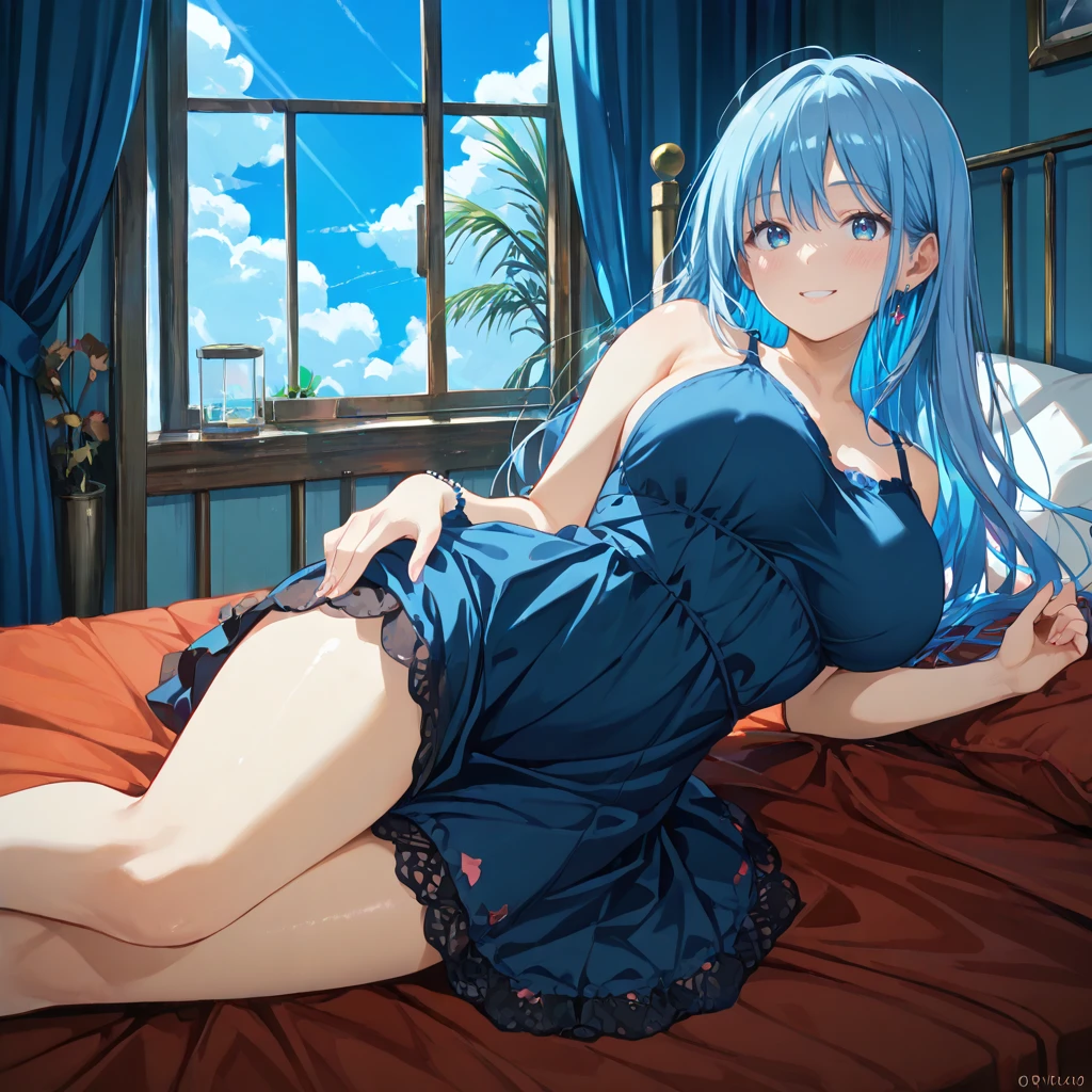 blue hair, blue eyes, long hair, ponytail,blush、Bedroom、masterpiece、first-class、perfect lit、by 1girl、BREAK Bedroom、BREAK while looking at the audience seats、Muscle growth、wrapping、sexy pose、Bewitching legs、solo、Medium chest、Light nightgown、transparent underwear、smile、solo、Lying down or、(blush:1.2)、valley