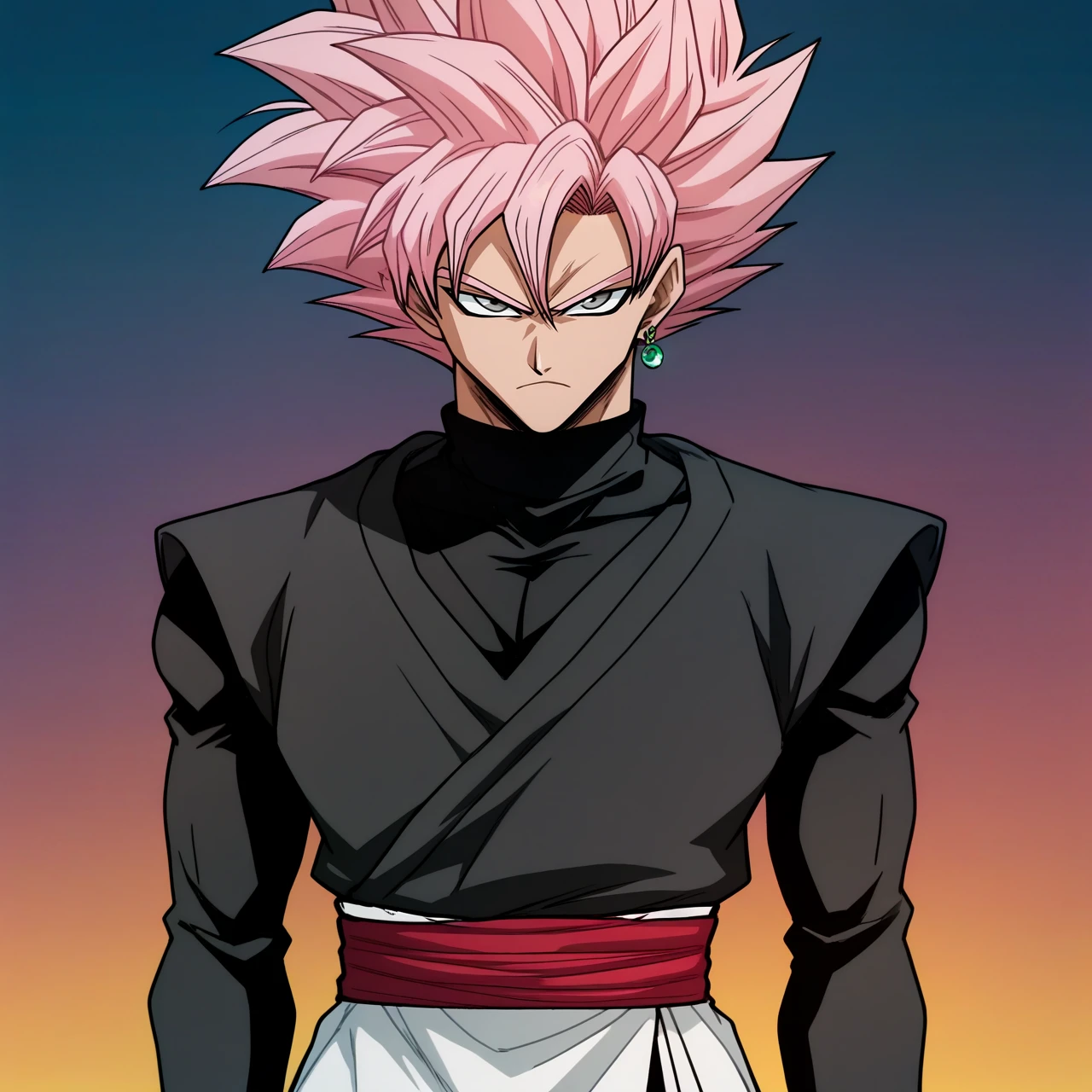 zPDXL3, score_9, score_8_up, score_7_up, score_6_up, score_5_up, score_4_up, highres, incredibly absurdres, highly detailed, outdoors, dark, night, closed mouth, 1boy, solo, <lora:Goku_Black_Super_Saiyan_Rose:0.5> ssgb, spiked hair, pink hair, grey eyes, single earring, grey dogi, black turtleneck sweater, long sleeves, red sash, super saiyan, looking at viewer, <lora:bleach_style_pony:1> bleach_style