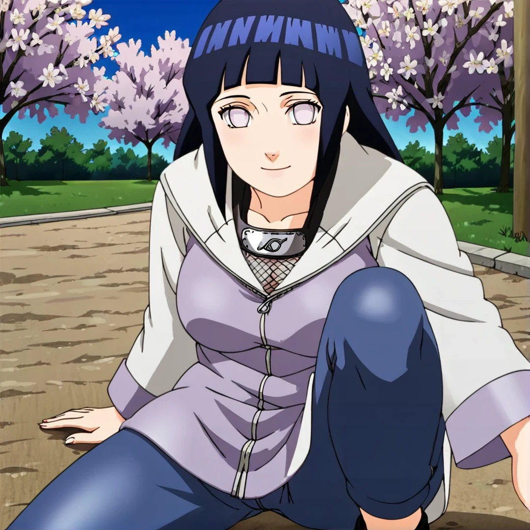 <lora:Hinata:1>, hinata, her dark blue hair hair reaches her lower back, and the framing strands reach shoulder-length, wears a lavender dress with breasts visible, with lavender sleeves and cuffs, she also wears navy blue tights jeans, black shoes, she also has a big chest, in a park, sakura trees, solo, looking at viewer