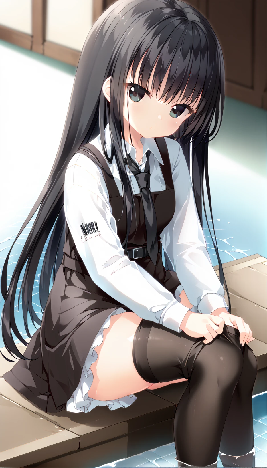 <lora:Ai(pony):0.7>,<lora:adjusting_legwear_v0.1-pony:1>,Ai,bangs,black necktie,pinafore dress,civvies,1girl,belt,black hair,gradient eyes,water_eyes,adjusting legwear,black thighhighs,