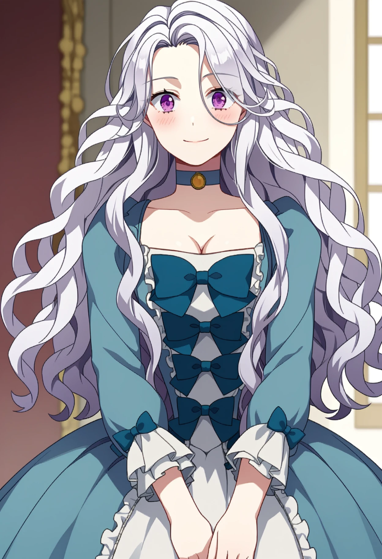 score_9, score_8_up, score_7_up, source_anime, 
BREAK
1girl, solo, <lora:shiAbiMomV1:0.9>,
shiabidef, vnstyle,
white hair, purple eyes, long hair, wavy hair, 
blue dress, frilled dress, frilled sleeves, long sleeves, 
blue choker, blue bow, cleavage, 
looking at viewer, smile, blush,