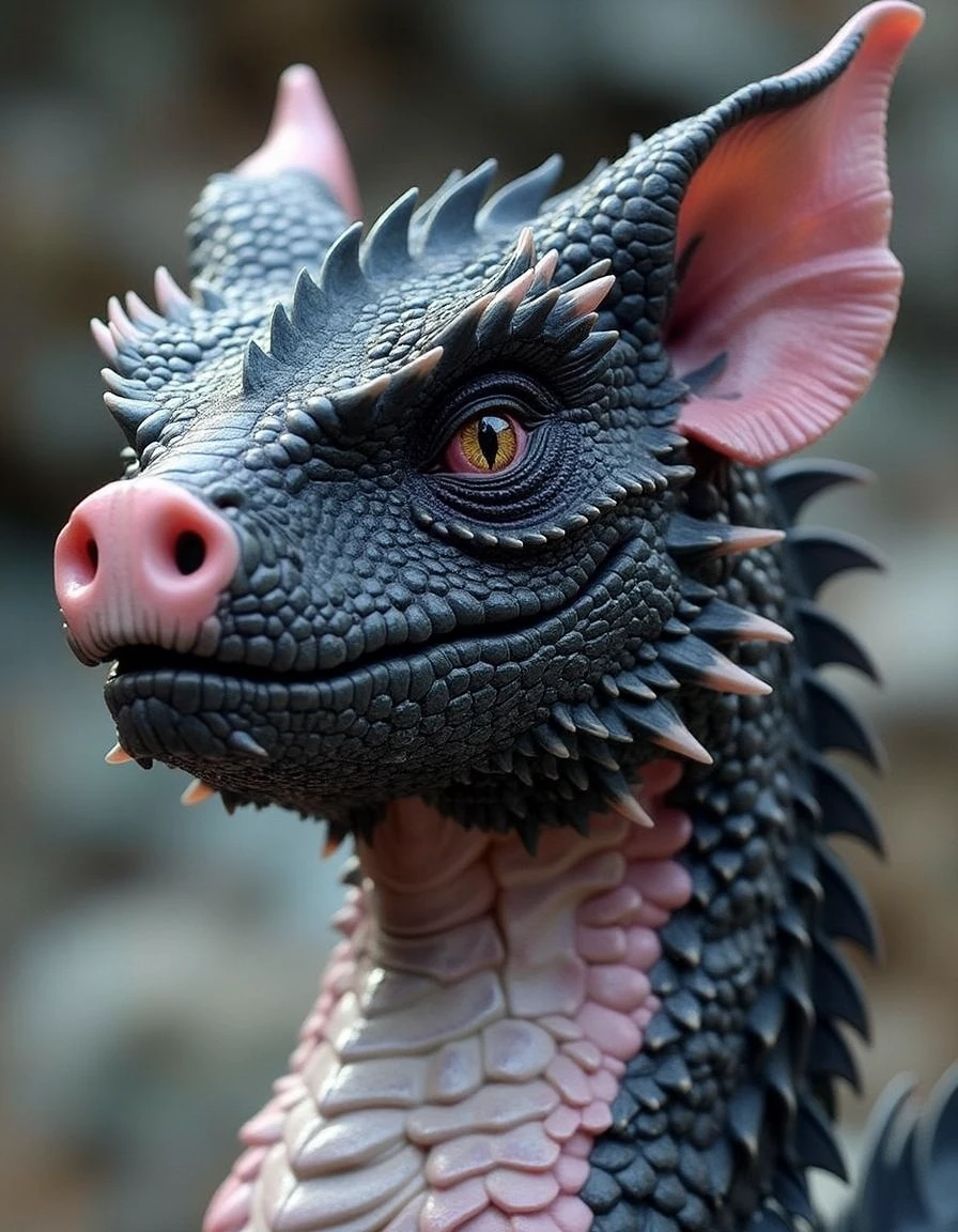 dr490n639. image of a black and pink dragon with a pig shaped head. rocky background.