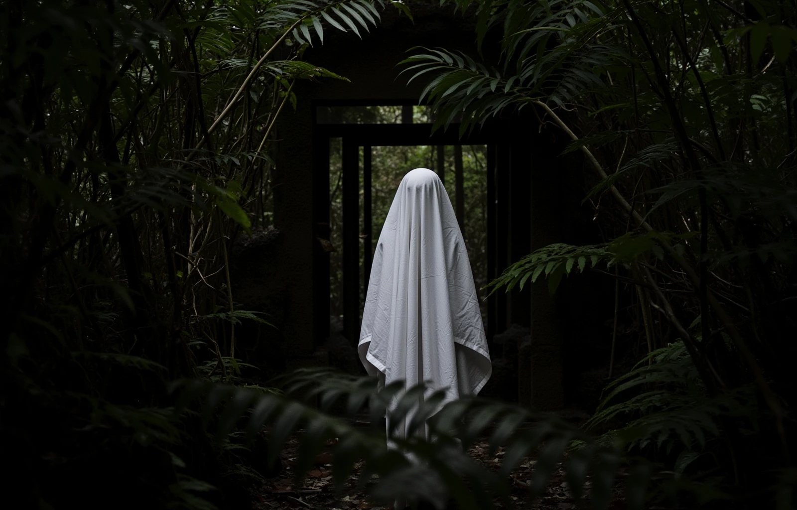 sheet ghost at lost jungle temple overgrown with vines