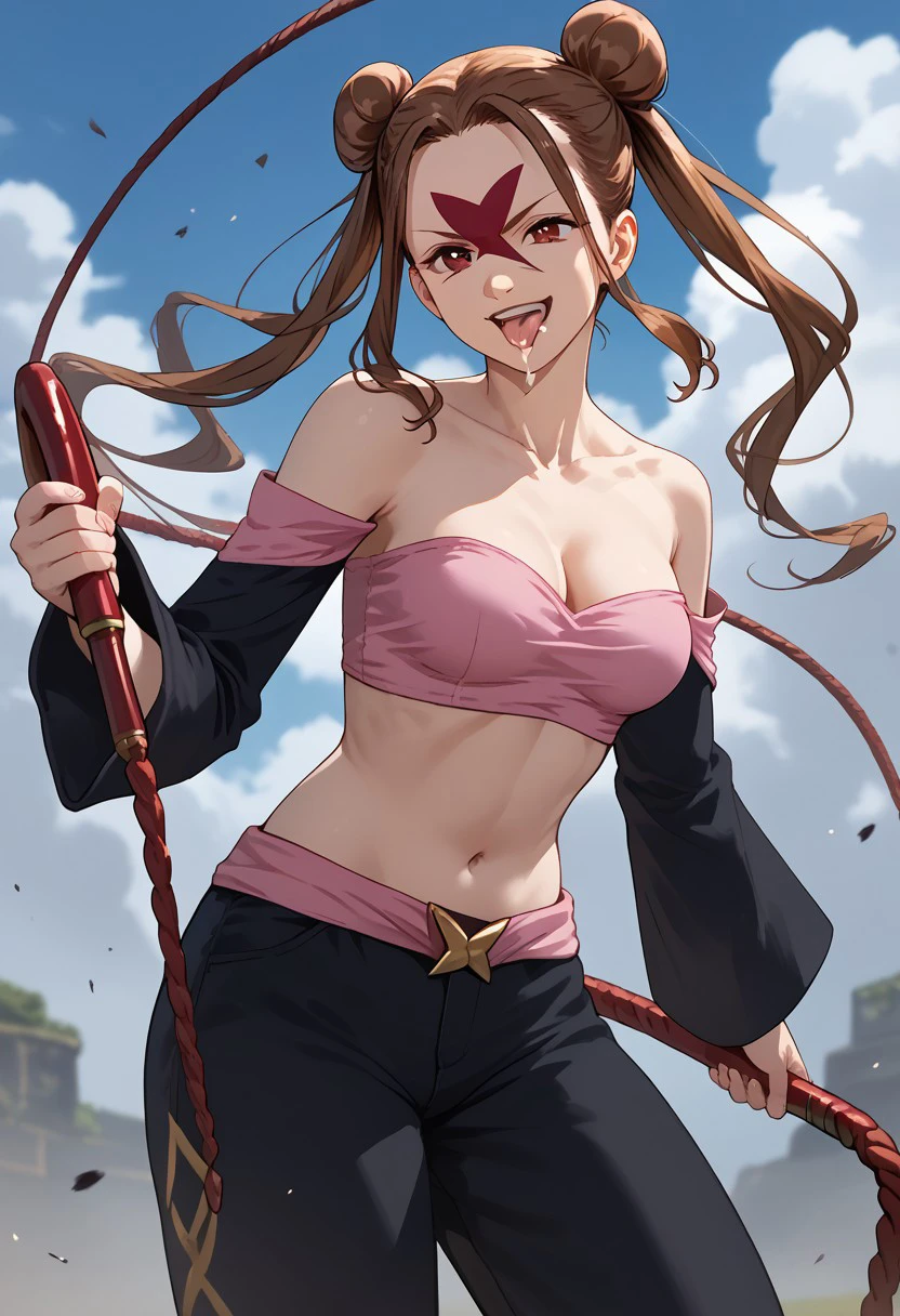 score_9,score_8_up,score_7_up, Galla, 1girl, solo, brown hair, long hair, hair bun, twintails, double bun,  facial mark,  red eyes,cleavage, medium breasts, bare shoulders, navel, midriff, detached sleeves, strapless, collarbone, pants, red footwear, pink shirt, black detached sleeves, open mouth, smile,  tongue out, whip, cowboy shot, dark cloud, fighting,