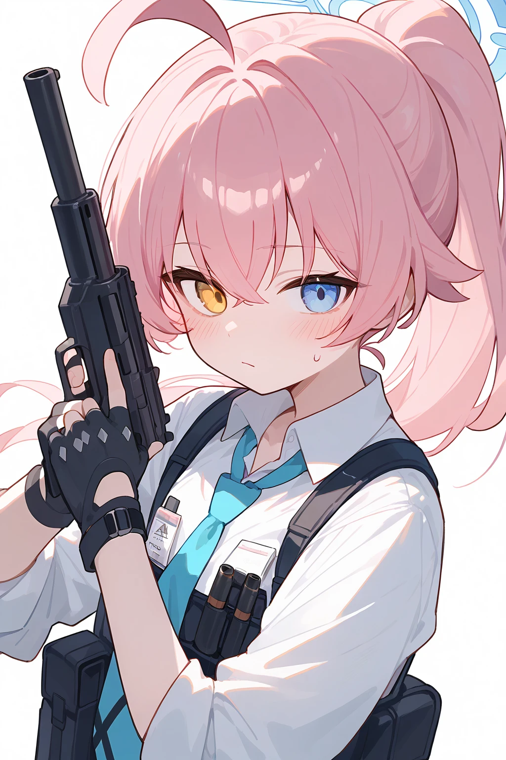 (score_9,score_8_up,score_7_up),<lora:hoshino (blue archive)-v1:1>,hoshino (blue archive),1girl,solo,weapon,heterochromia,gun,pink hair,gloves,necktie,shotgun,white background,blue eyes,blue necktie,shirt,simple background,yellow eyes,holding,looking at viewer,long hair,white shirt,holding weapon,holding gun,black gloves,blush,ahoge,collared shirt,vest,halo,upper body,closed mouth,bangs,fingerless gloves,sleeves rolled up,long sleeves,ponytail,hair between eyes,school uniform,bag,
good feet,anime,NSFW,expressive,amazing quality,ultra hd 32k,