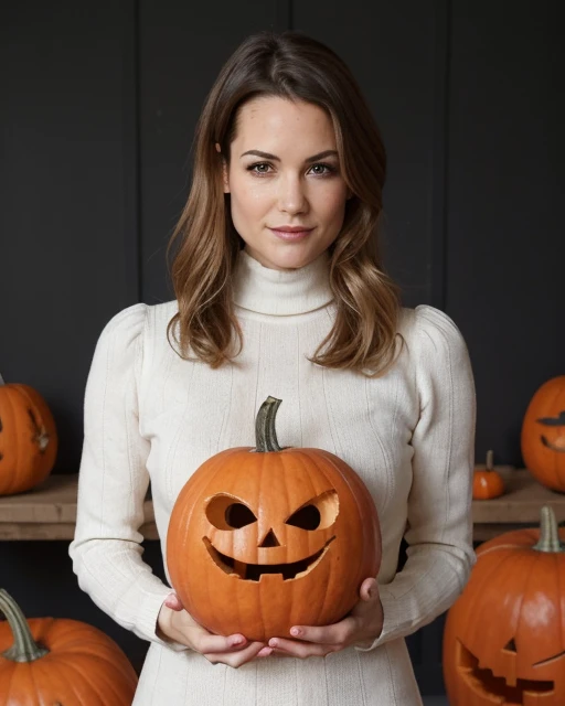 a professional absurdres sharp-focus intricately detailed portrait photograph of (Lauriane_Gilliéron:1.1)
cute hair, intricately stitched turtleneck long dress, looking at the viewer,
 <lora:Lauriane_Gilliéron-SD:0.8> ,
carving pumpkins with a machete,