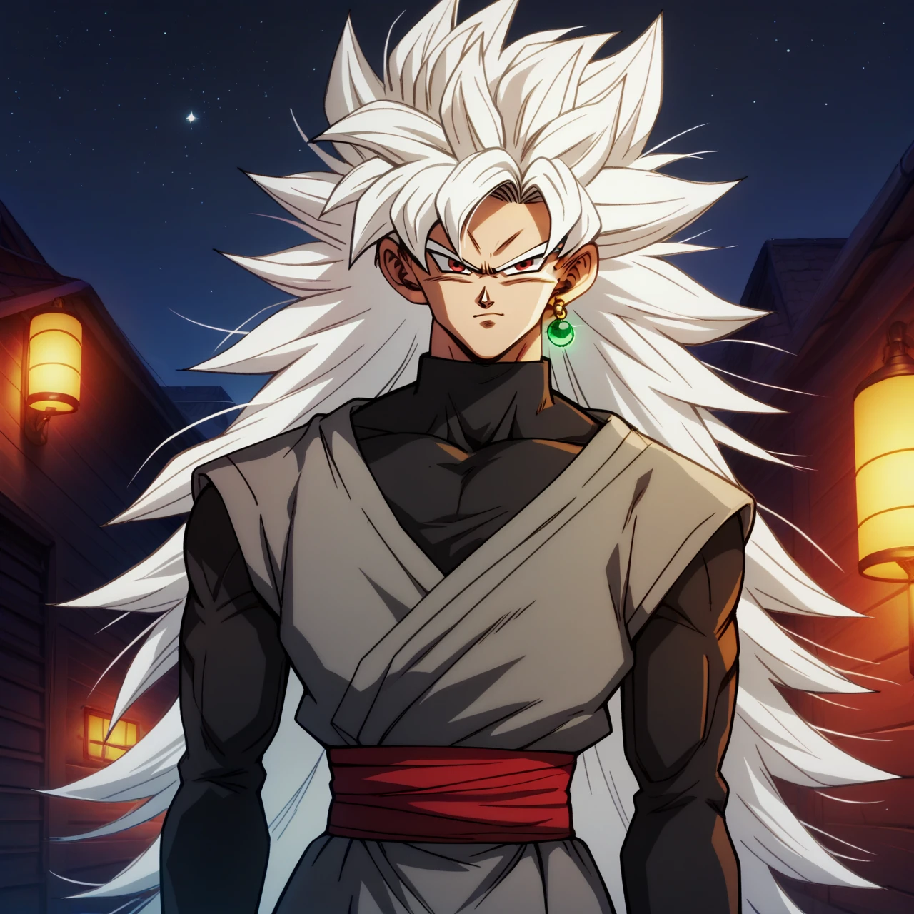 zPDXL3, score_9, score_8_up, score_7_up, score_6_up, score_5_up, score_4_up, highres, incredibly absurdres, highly detailed, outdoors, dark, night, closed mouth, 1boy, solo, <lora:Goku_Black_Super_Saiyan_Rose:0.5> ssgb, spiked hair, white hair, red eyes, single earring, grey dogi, black turtleneck sweater, long sleeves, red sash, super saiyan 3, looking at viewer, <lora:Broly_v1:0.5> dbsb, long hair